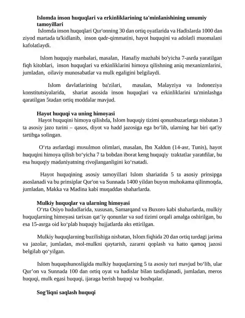 Islomda inson huquq va erkinliklarini ta’minlanishining o’ziga xos jihatlari 2
