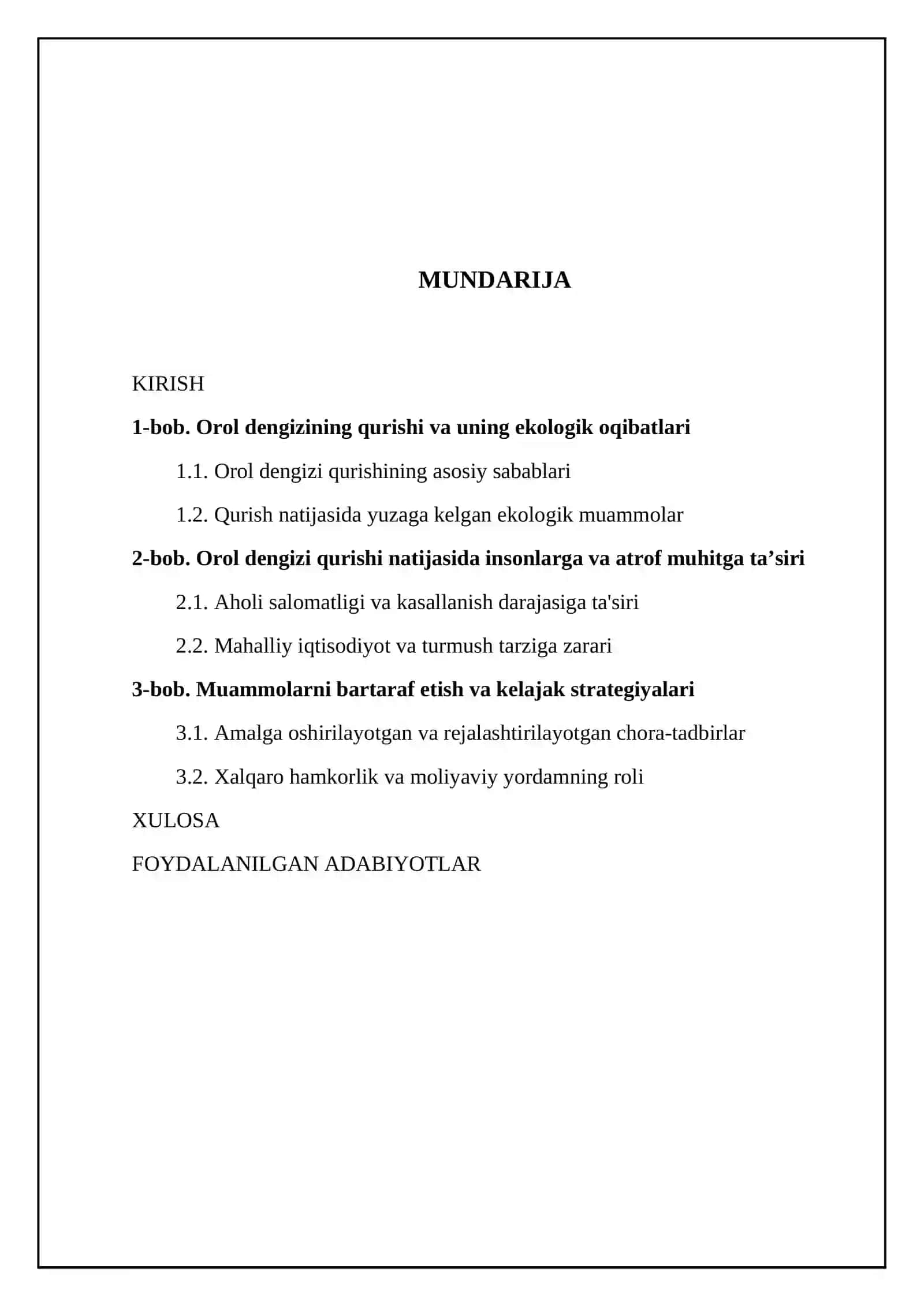 Orol dengizi bilan bogʻliq favqulodda vaziyatlar va ularning yechimi 2