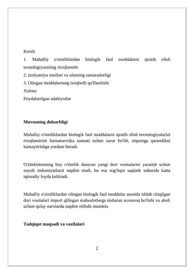 Mahalliy oʻsimliklardan biologik faol modda ajratish texnologiyasini ishlab chiqish 2
