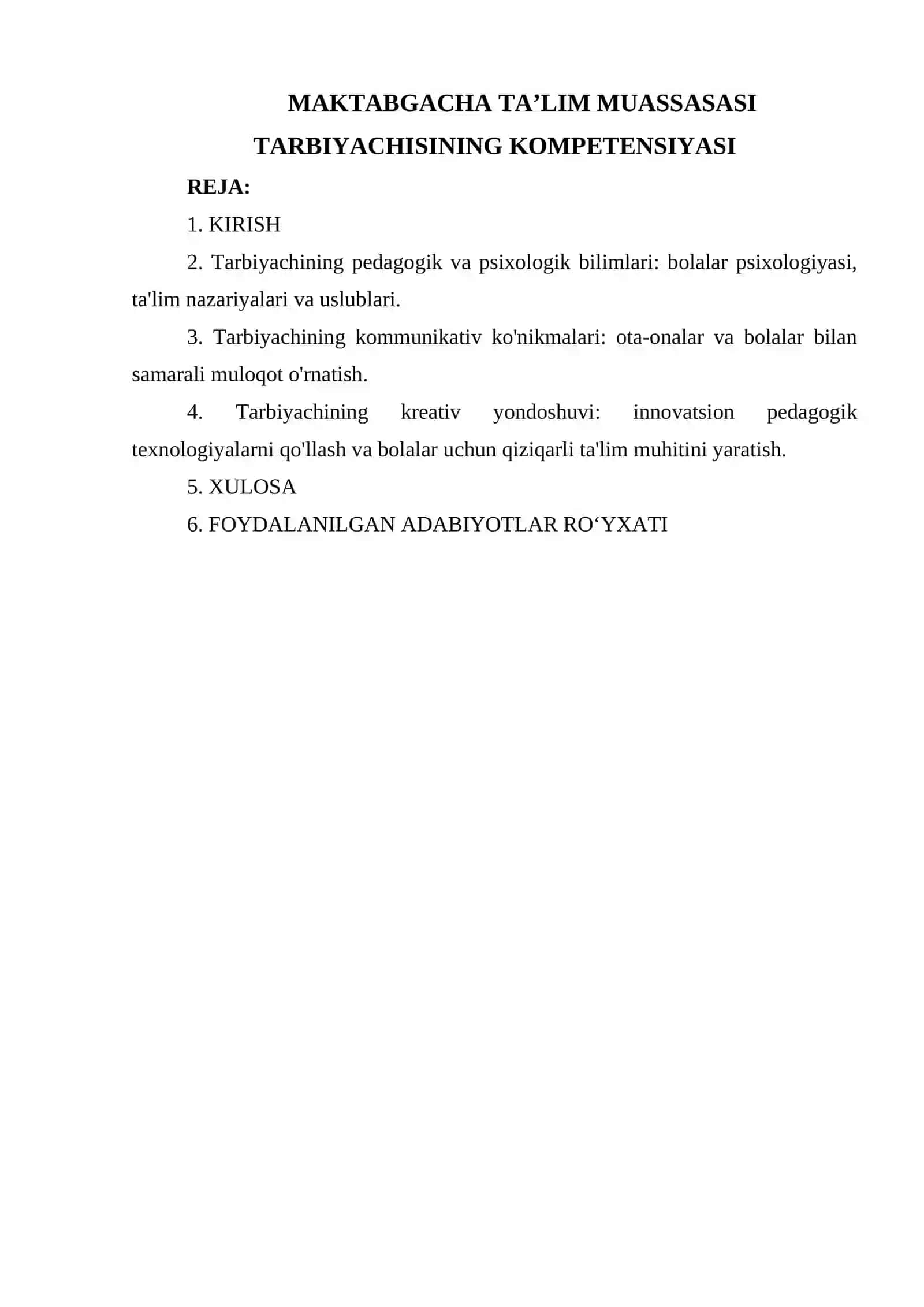 MAKTABGACHA TA’LIM MUASSASASI TARBIYACHISINING KOMPETENSIYASI 2