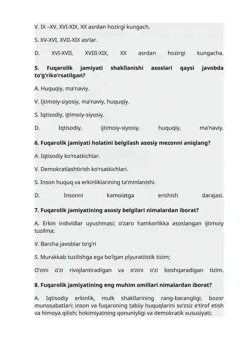 "Fuqarolik jamiyati”fanidan testlar 2