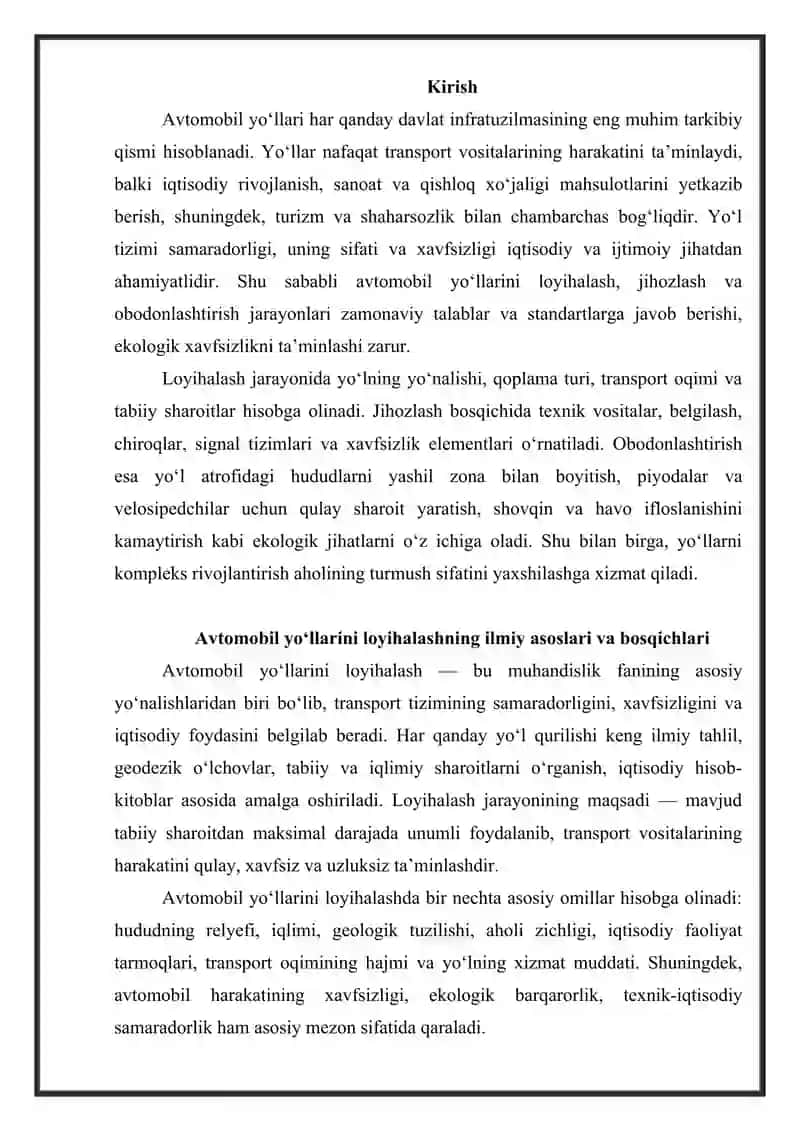 Avtomobil yo‘llarini loyihalash, jihozlash va obodonlashtirish 2
