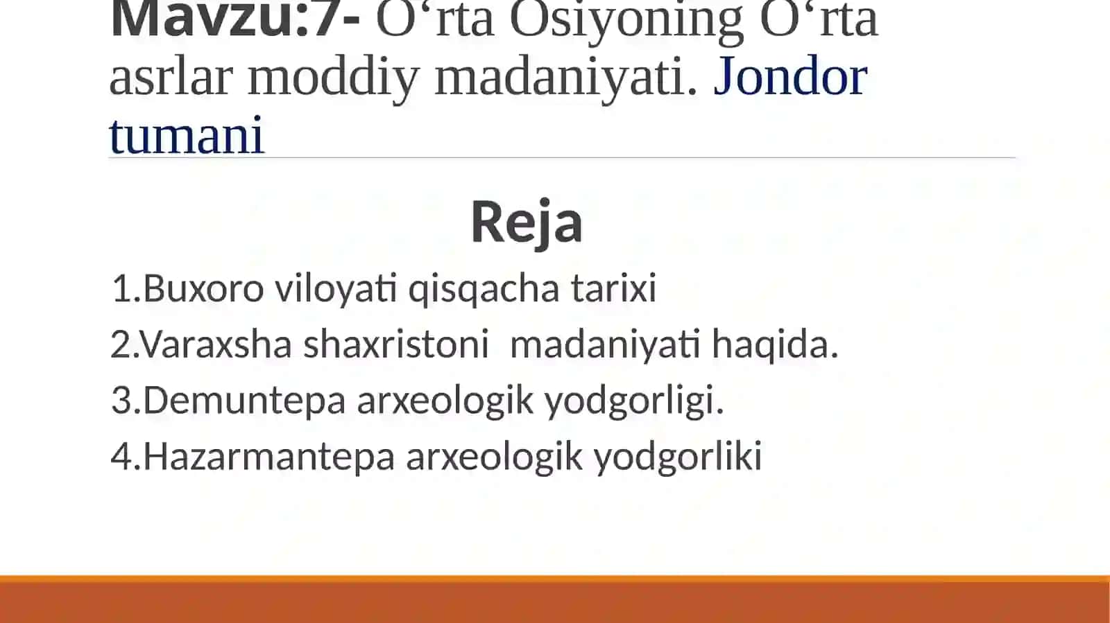 O‘rta Osiyoning O‘rta asrlar moddiy madaniyati. Jondor tumani 2