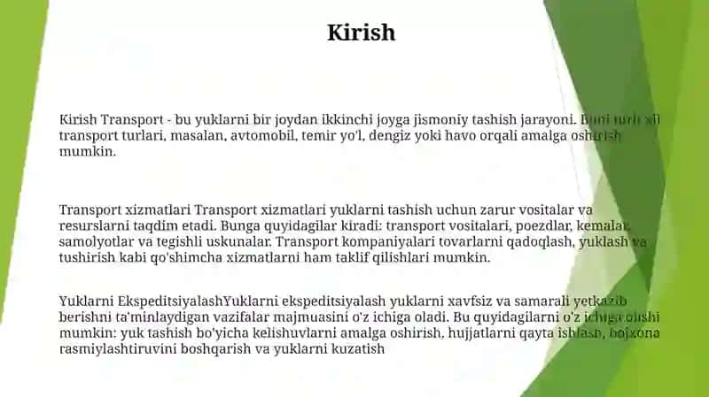 Transport Xizmatlari Va Yuklarni Ekspeditsiyalash 2