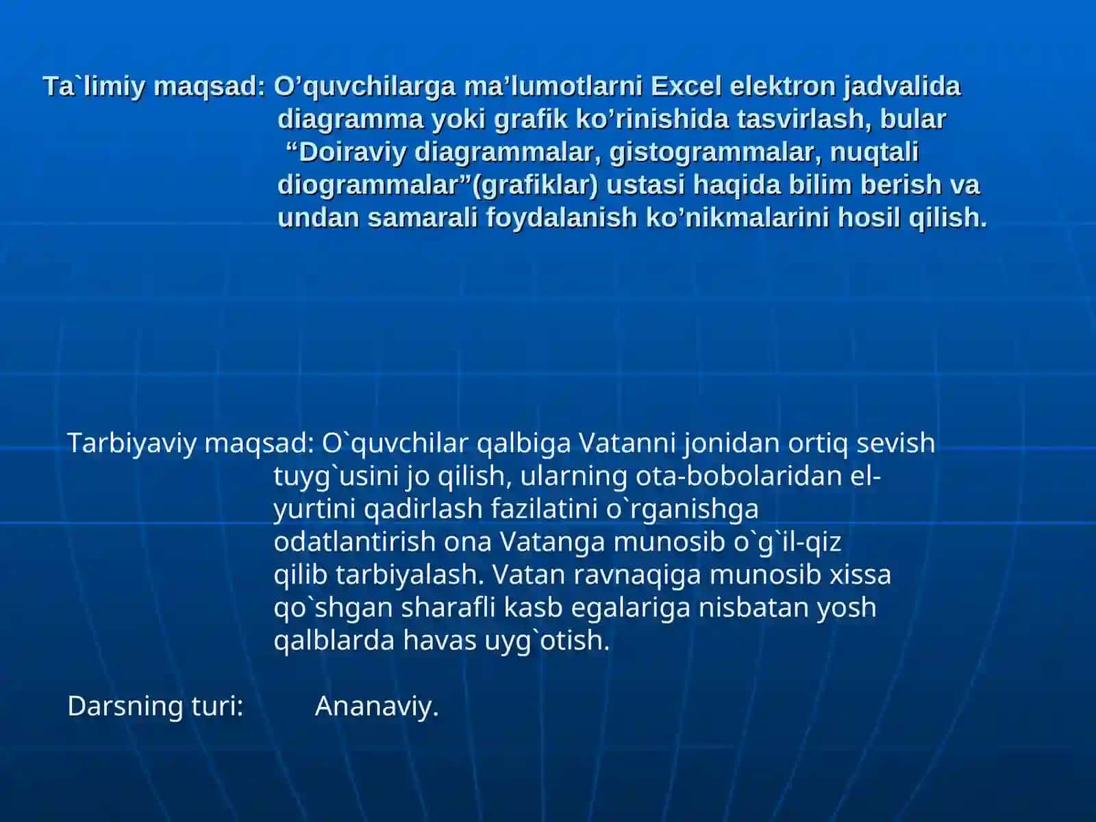 Excel elektron jadvalidadiagramma yoki grafik ko’rinishida tasvirlash 2