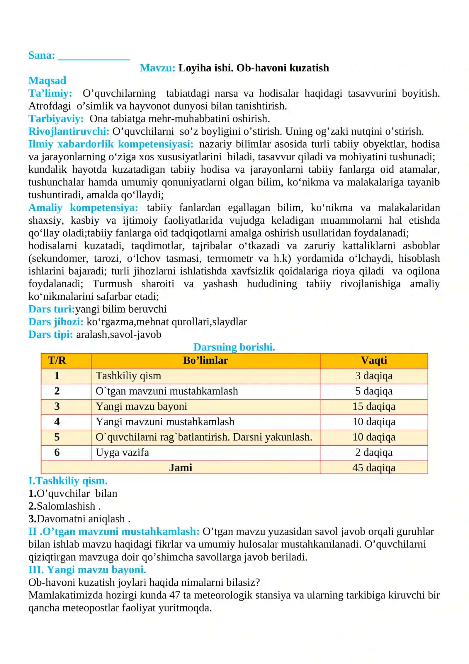 3-sinf Tabiiy fan (Science) Ob-havoni kuzatish loyiha ishi 2