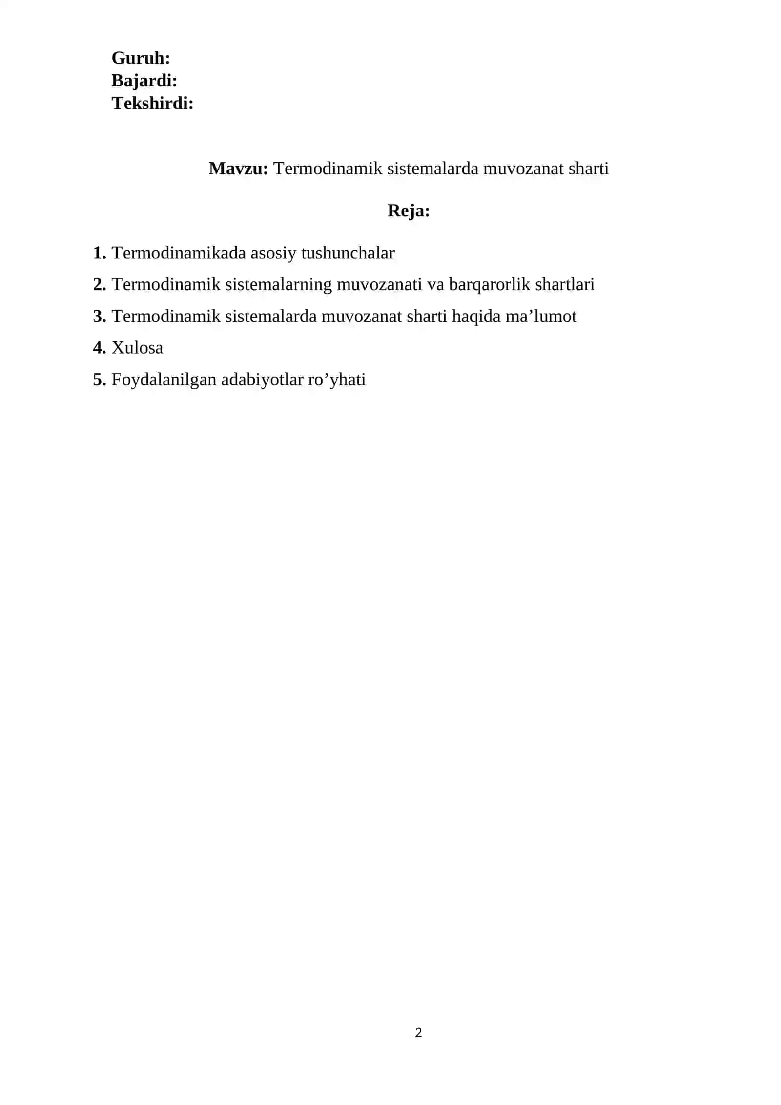 Termodinamik sistemalarda muvozanat sharti 2