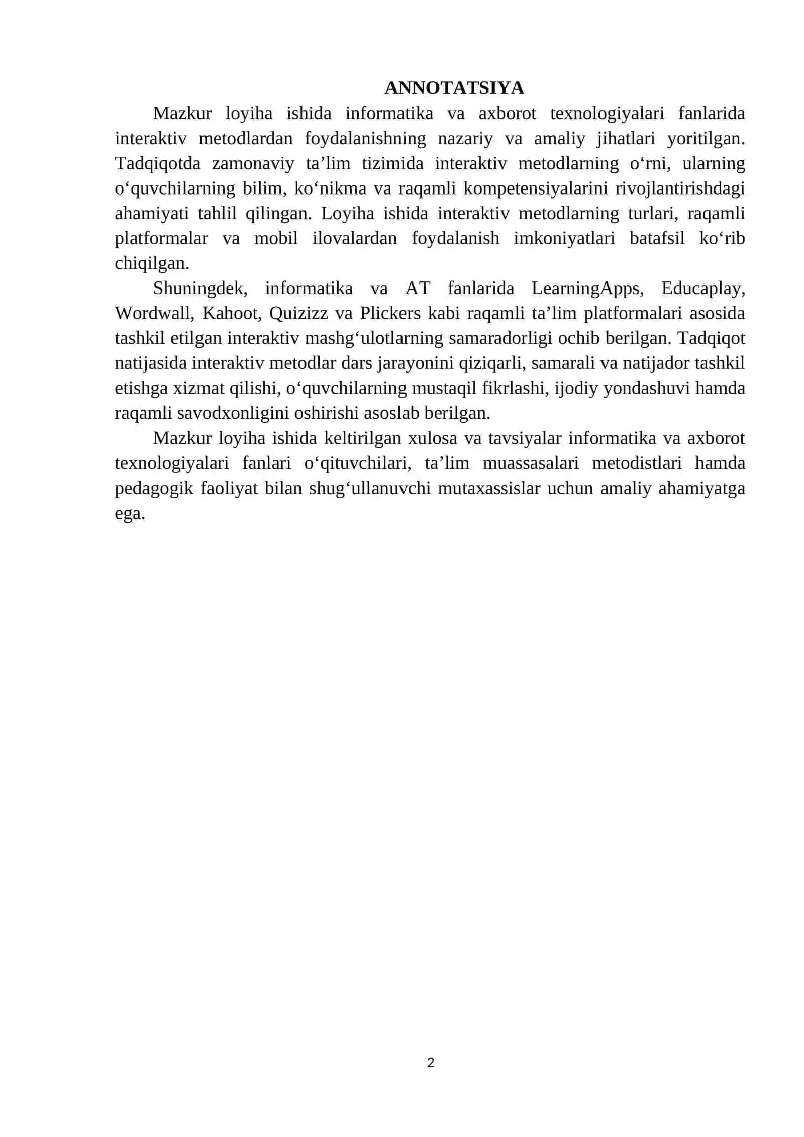 “Informatika va AT fanlarida interaktiv metodlardan foydalanish” mavzusidagi L O Y I H A I SH I 2