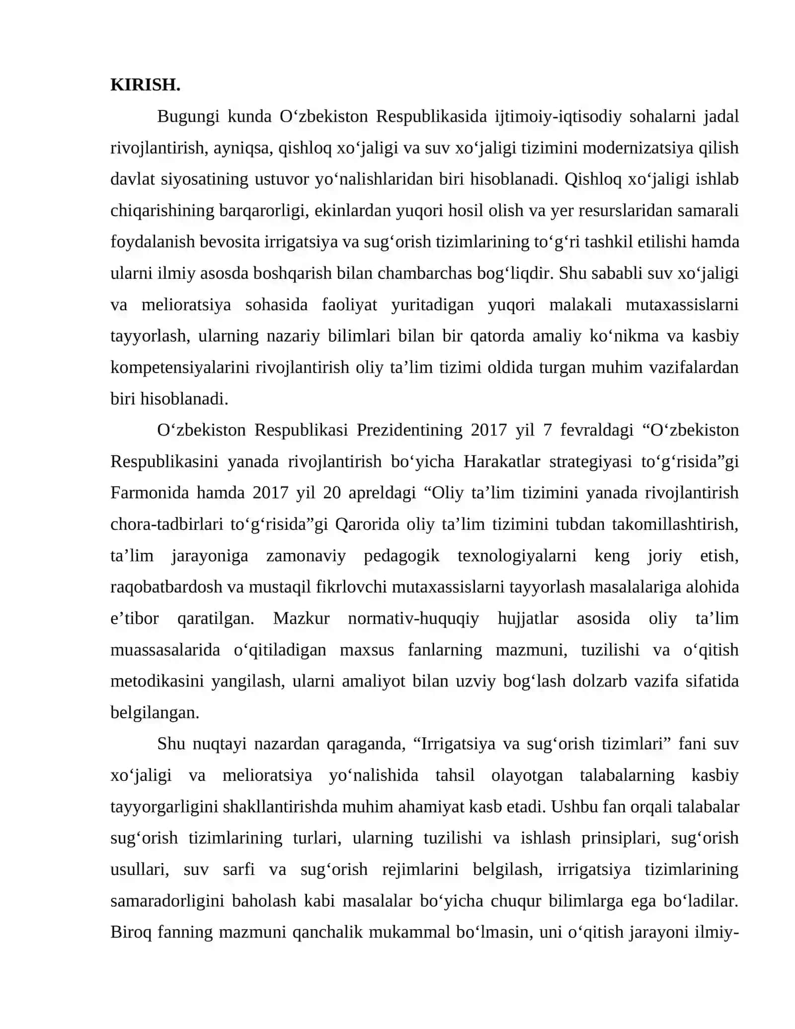 “IRRIGATSIYA VA SUG‘ORISH TIZIMLARI” FANINI O‘QITISHDA ZAMONAVIY METODIK YONDASHUVLAR 2
