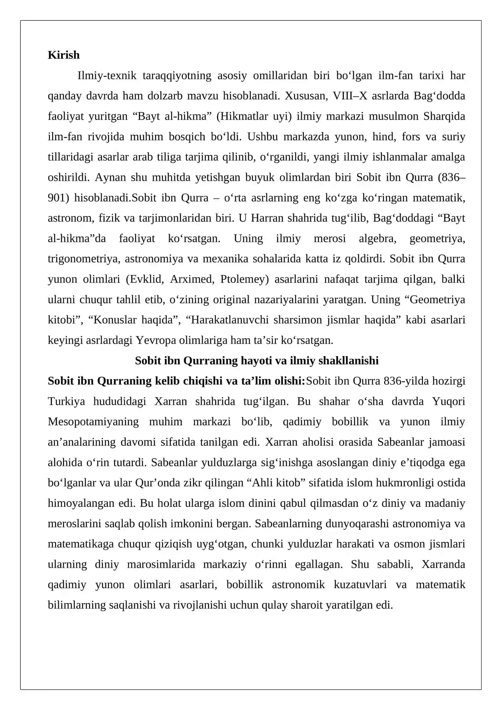 Sobit ibn Qurra (836–901)ning Bayt al-hikmadagi ilmiy faoliyati 2