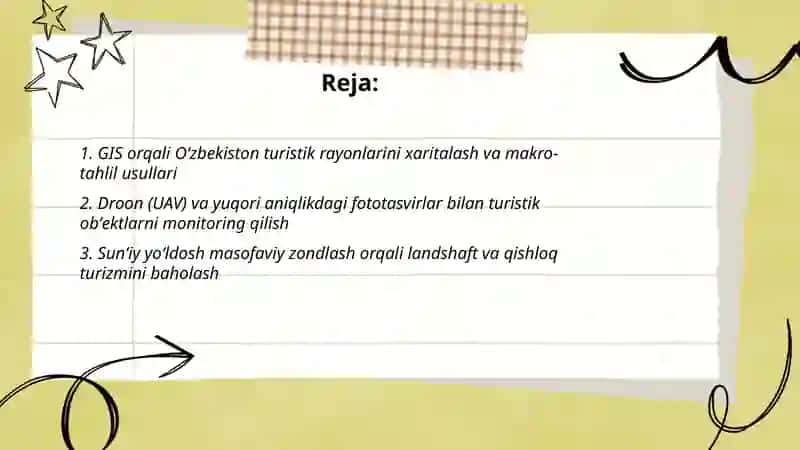Oʻzbekiston turistik rayonlarining zamonaviy tadqiqot usullari 2