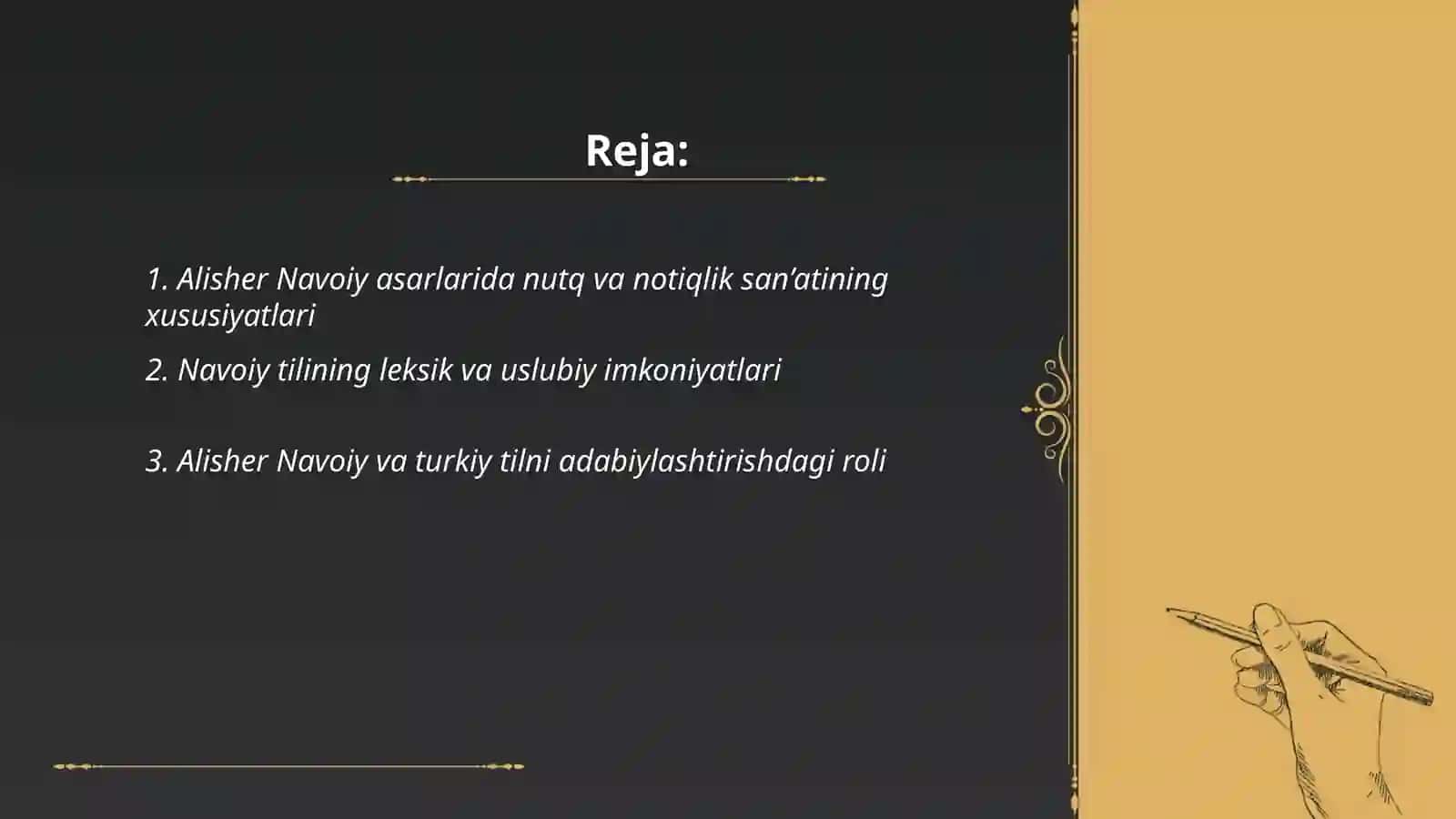 Alisher Navoiy til, nutq va notiqlik san’ati. Abdulla Avloniy asarlarida notiqlik va milliy til masalasi, Mahmudxo‘ja Behbudiy asarlarida til va nutq. Adib asarlaridagi tilning o‘rni 2