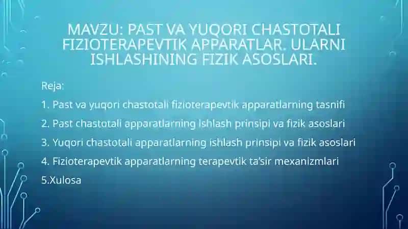 Biofizika - Past va yuqori chastotali

fizioterapevtik apparatlar va ularning fizik asoslari (11 sla 2