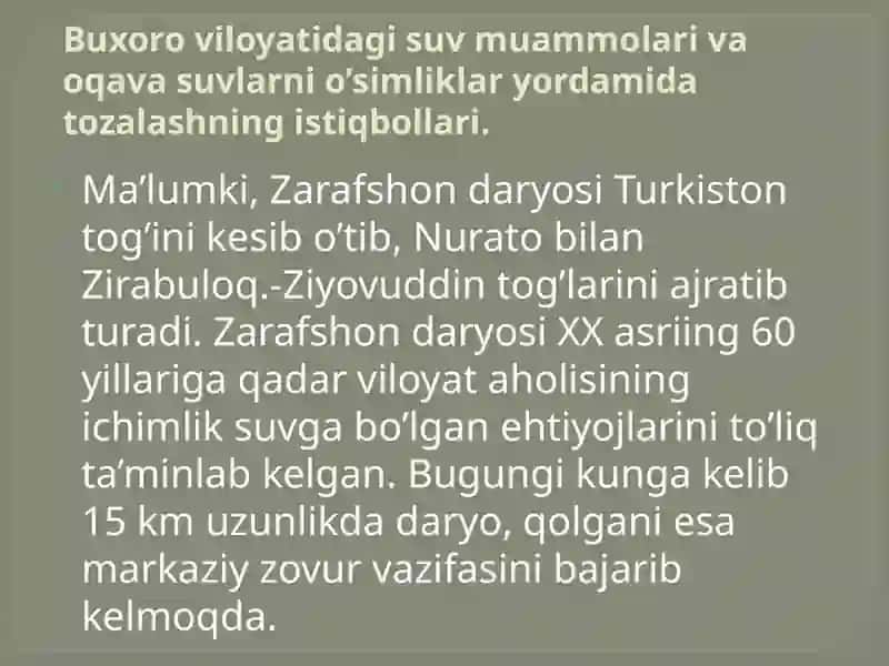 BUXORO VILOYATIDAGI SUV MUAMMOLARI VA OQOVA SUVLARNI BIOLOGIK USULDA TOZALASHNING ISTIQBOLLARI 2