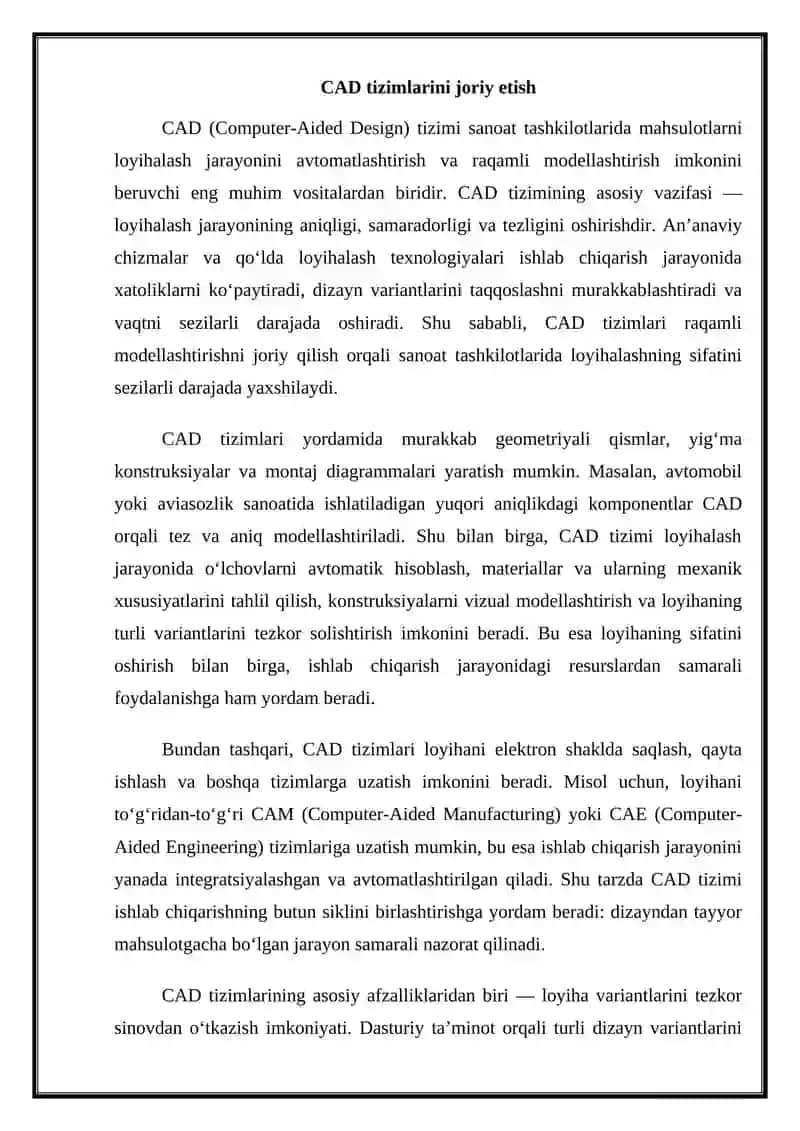 Sanoat tashkilotlarida loyihalash va ishlab chiqarish jarayonlarini takomillashtirish uchun CAD CAM CAE tizimlarini joriy etish 2