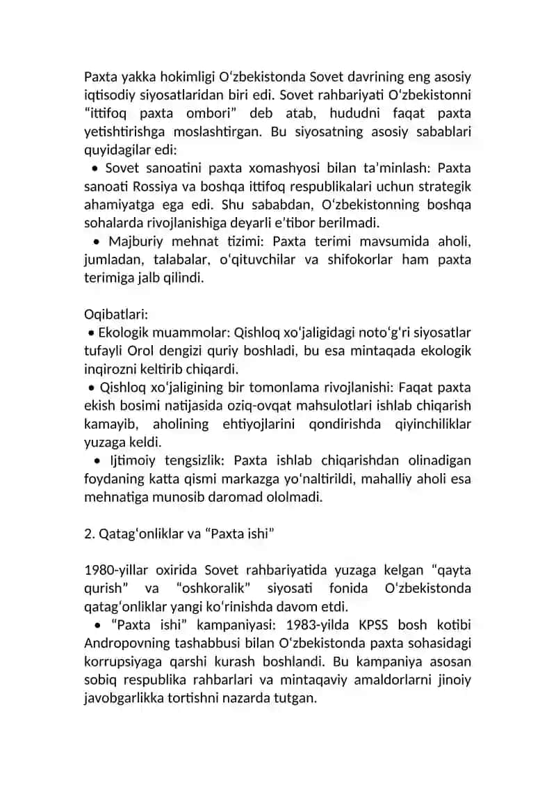 O‘zbekistonda 80-90-yillardagi ijtimoiy-siyosiy vaziyat: paxta yakka hokimligi va qatag‘onliklar 2