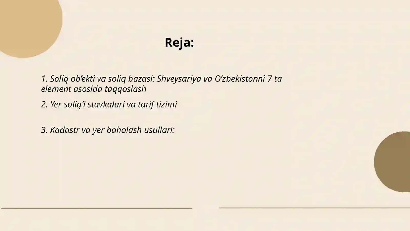 Shveysariya davlatini yer solig’ini O’zbekiston davlatini yer soligi bilan 7 ta element asosida taqqoslash 2