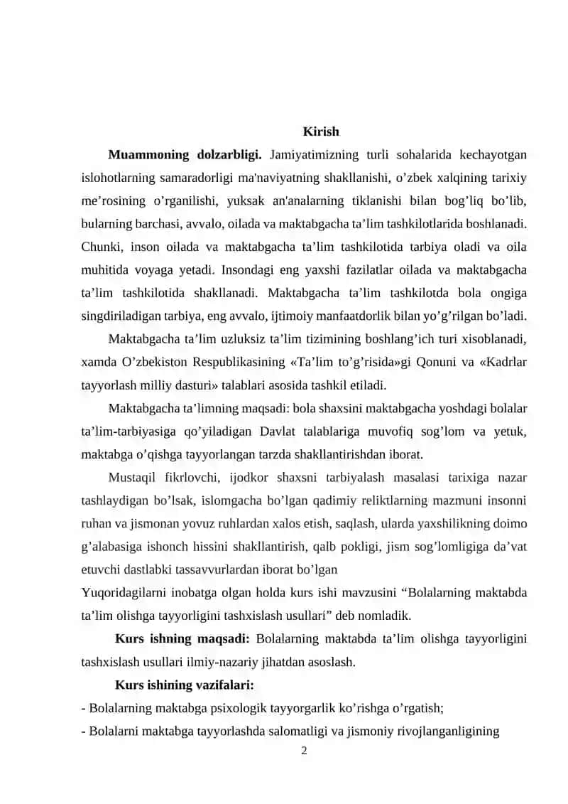 BOLALARNING MAKTABDA TA’LIM OLISHGA TAYYORLIGINI TASHXISLASH USULLARI 2