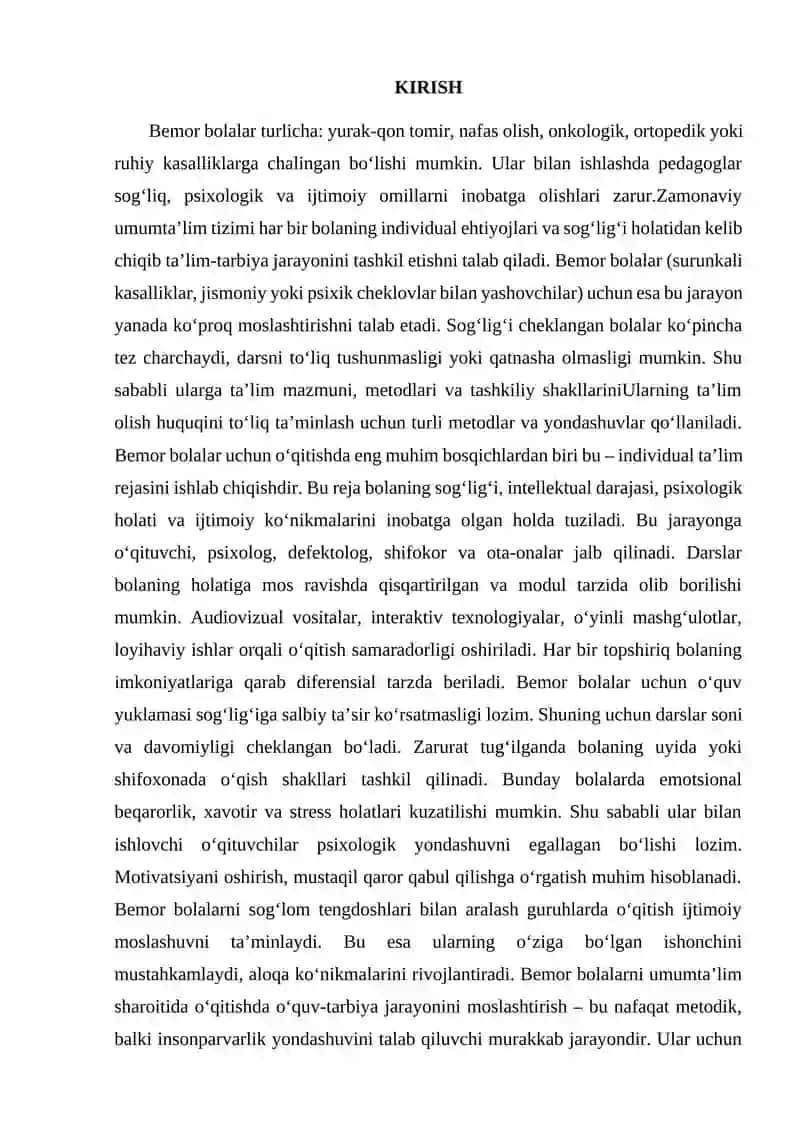 BEMOR BOLALARNI UMUM TALIM SHARPITIDA OQITISHDA OʻQUV TARBIYA JARAYONINI MOSLASHTIRISH METODLARI 2