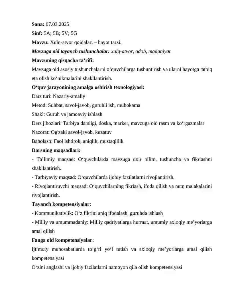 5-sinf 5-dars ishlanmasi - Xulq-atvor qoidalari – hayot tarzi. 2