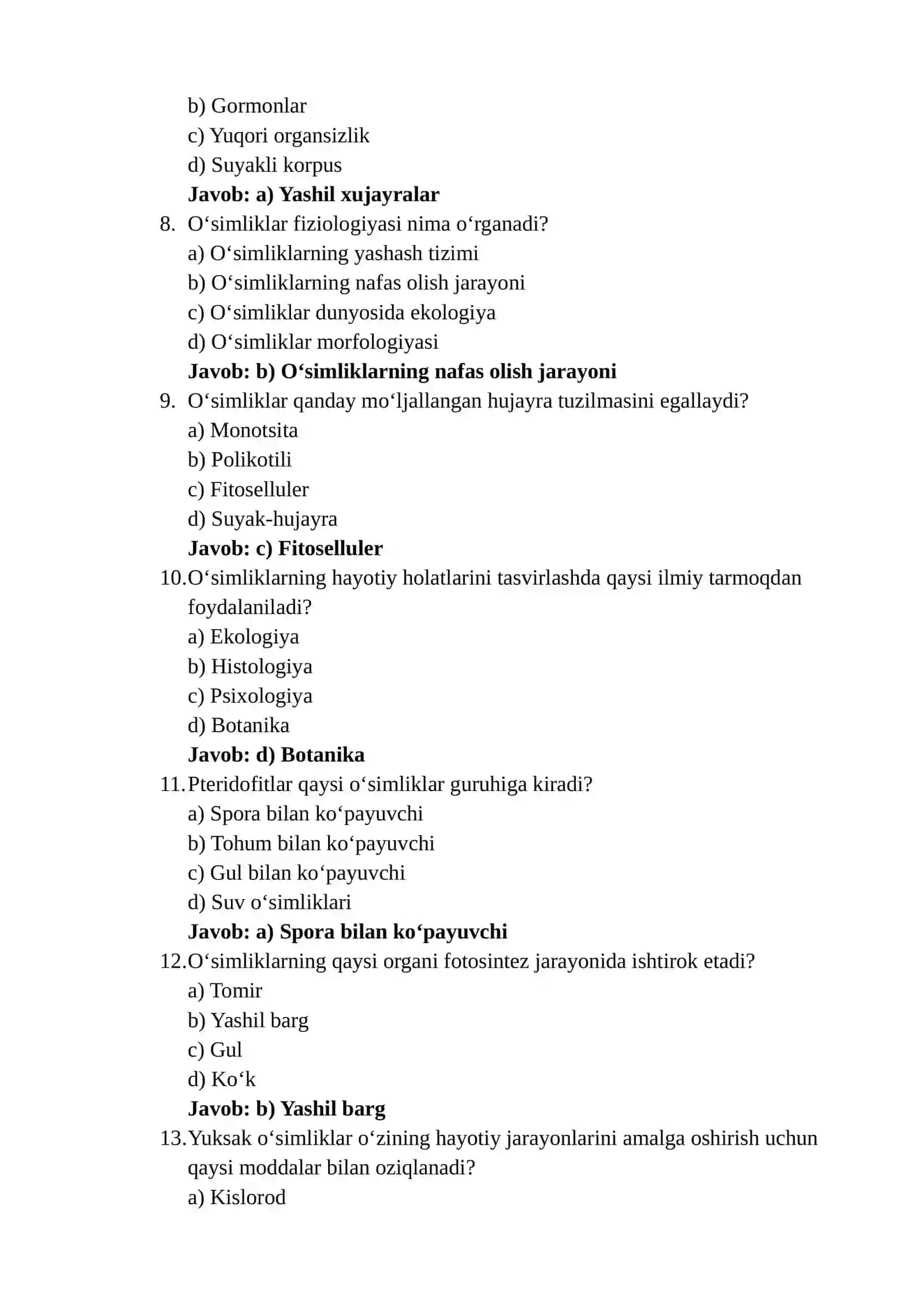 Yuksak O'simliklar mavzusida 50 ta test 2