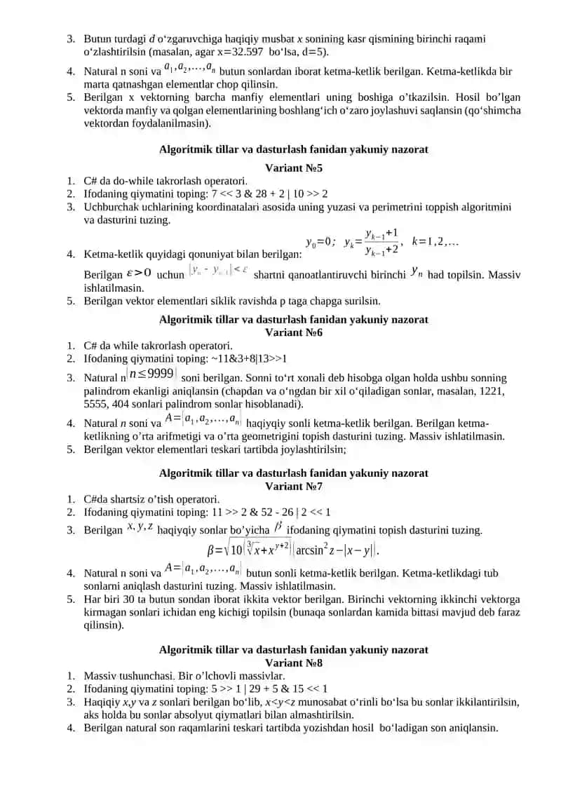 Algoritmik tillar va dasturlash fanidan yakuniy nazorat Variant №1 2