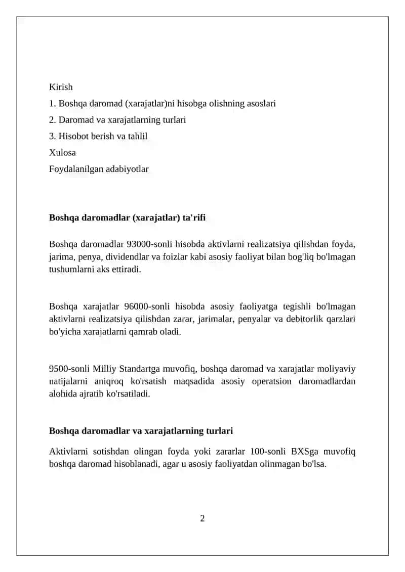 Boshqa daromadlarni (xarajatlarni) hisobga olish 2