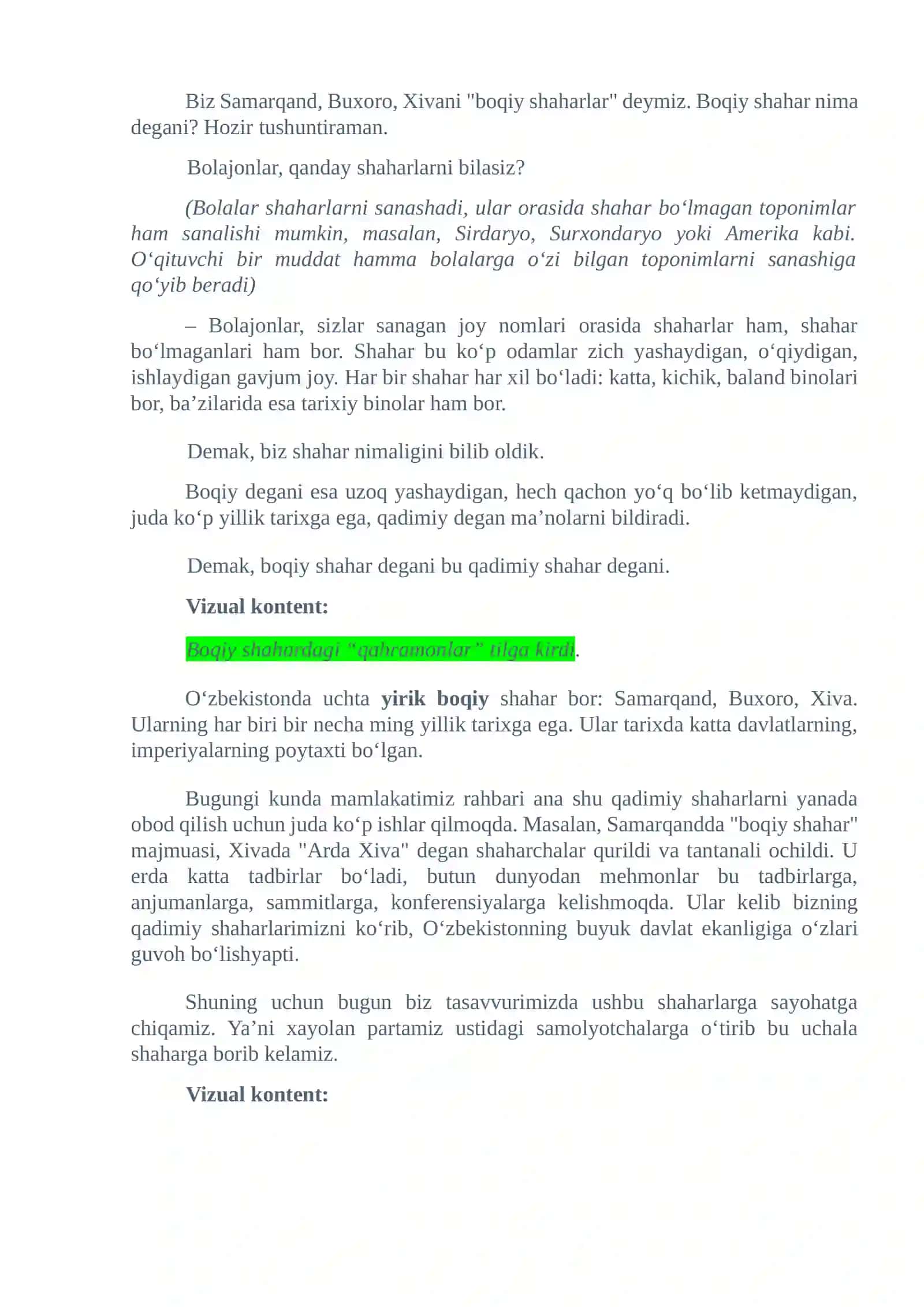 7-mavzu Boqiy shaharlarimiz   Metodologiya  Dars ssenariysi 2
