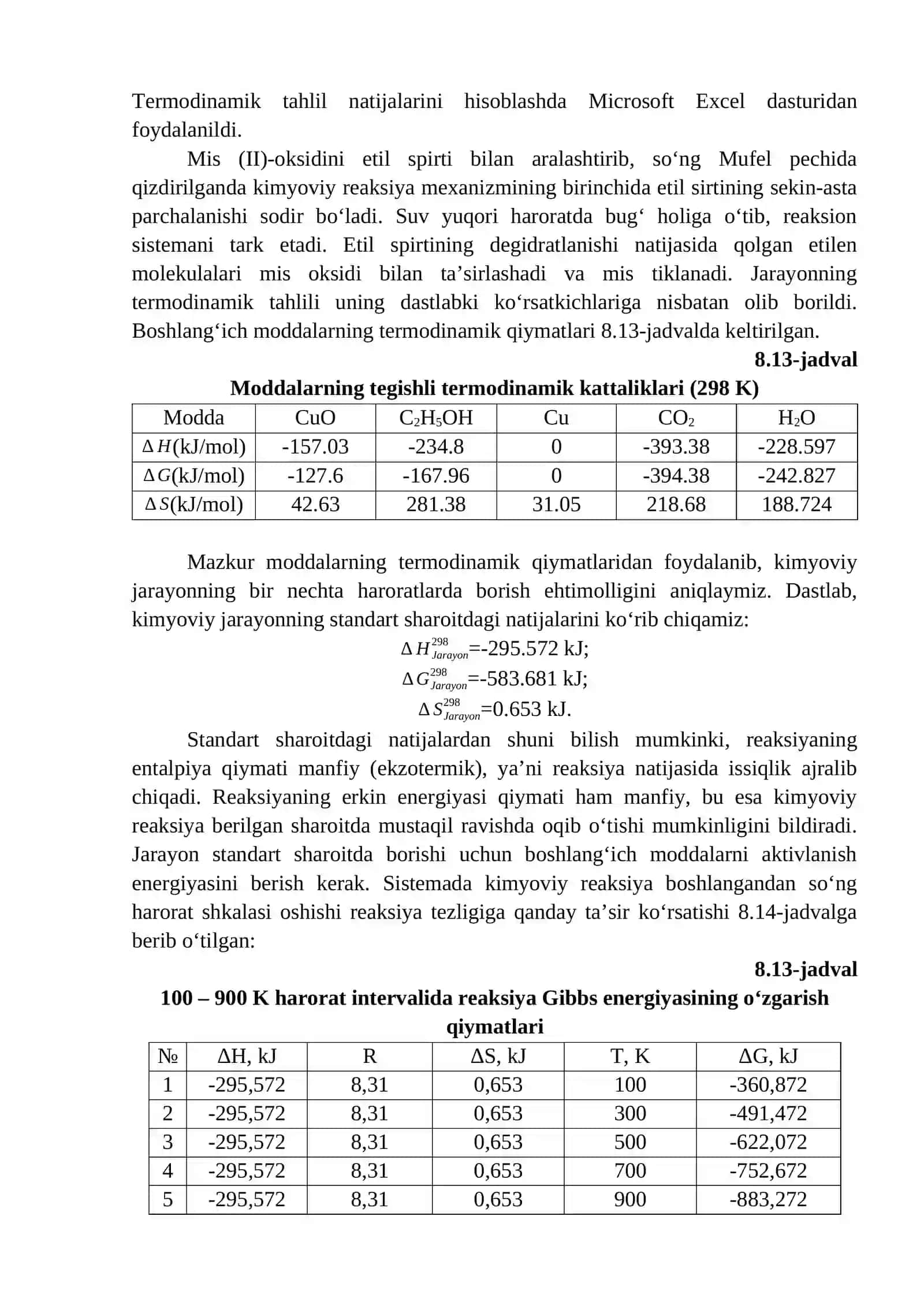 Metall oksidlarini etil spirti bilan tiklash jarayonining termodinamik tahlili 2
