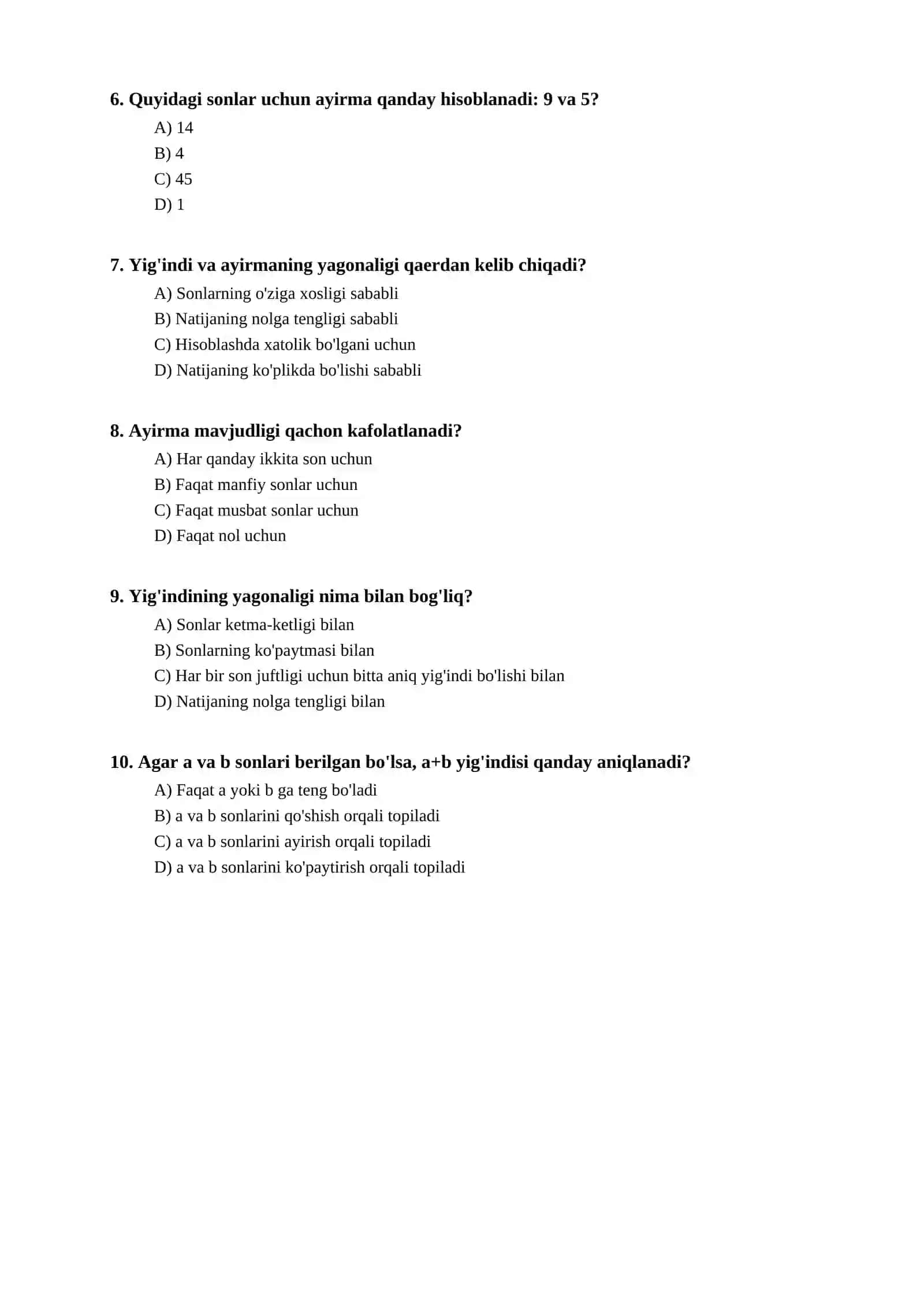 Matematika — Yig'indi va ayirmaning ta'rifi, mavjudligi va yagonaligi bo'yicha test 2