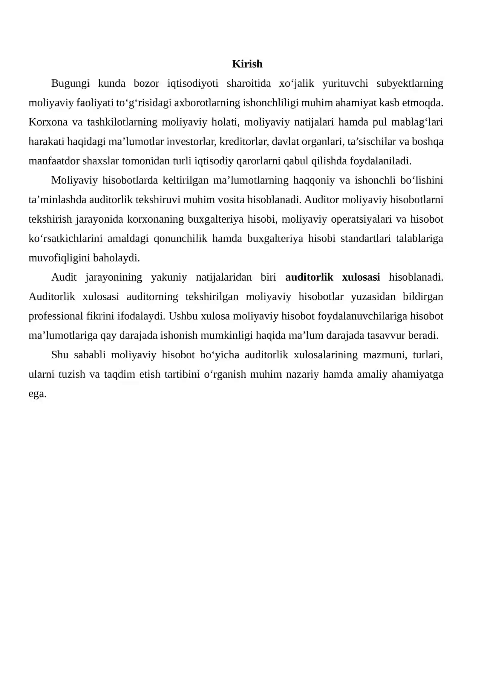 MOLIYAVIY HISOBOT BO‘YICHA AUDITORLIK XULOSALARI 2