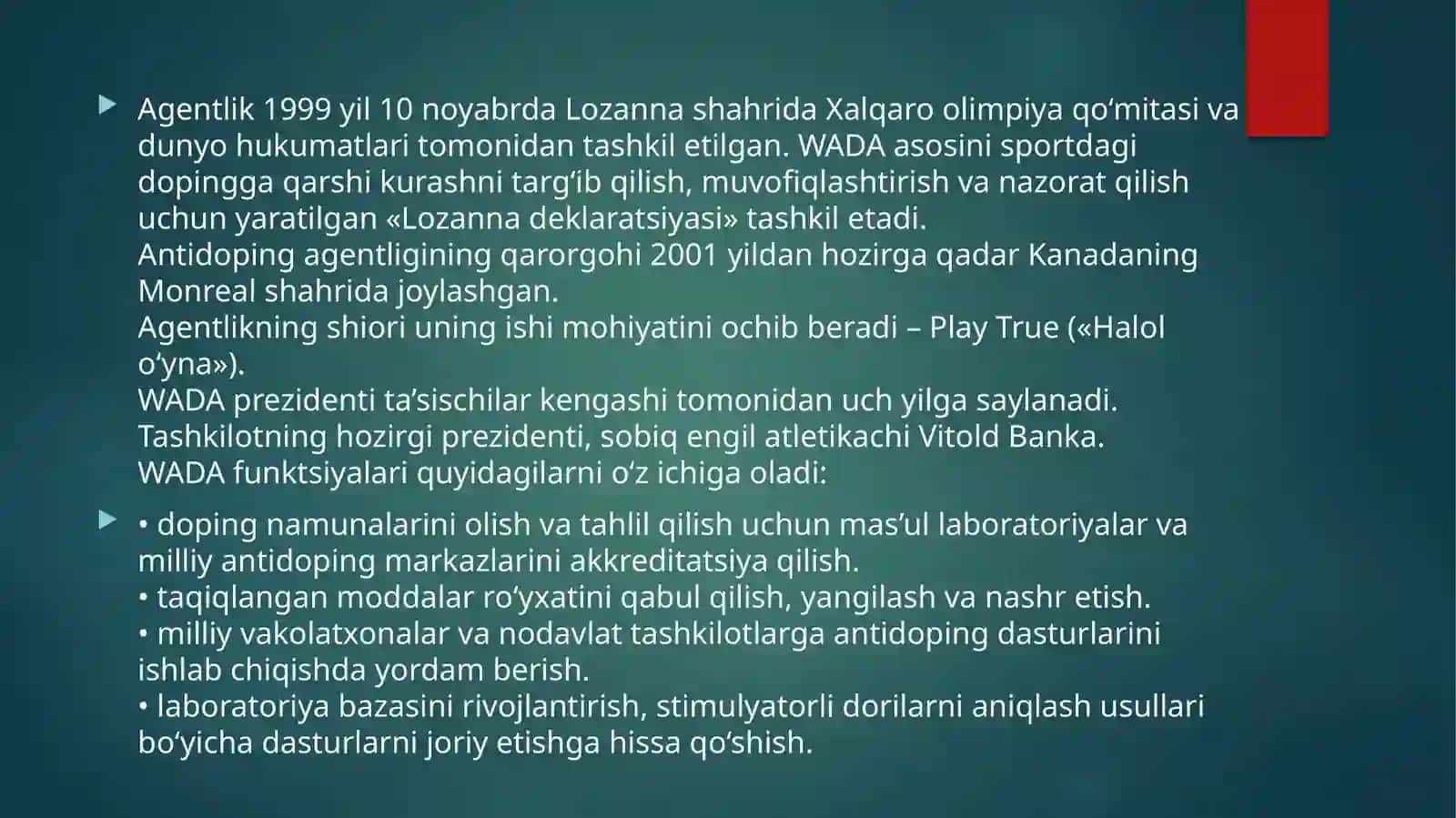 Butunjahon antidoping agentligi (WADA)ning tashkili va uning faolyati 2