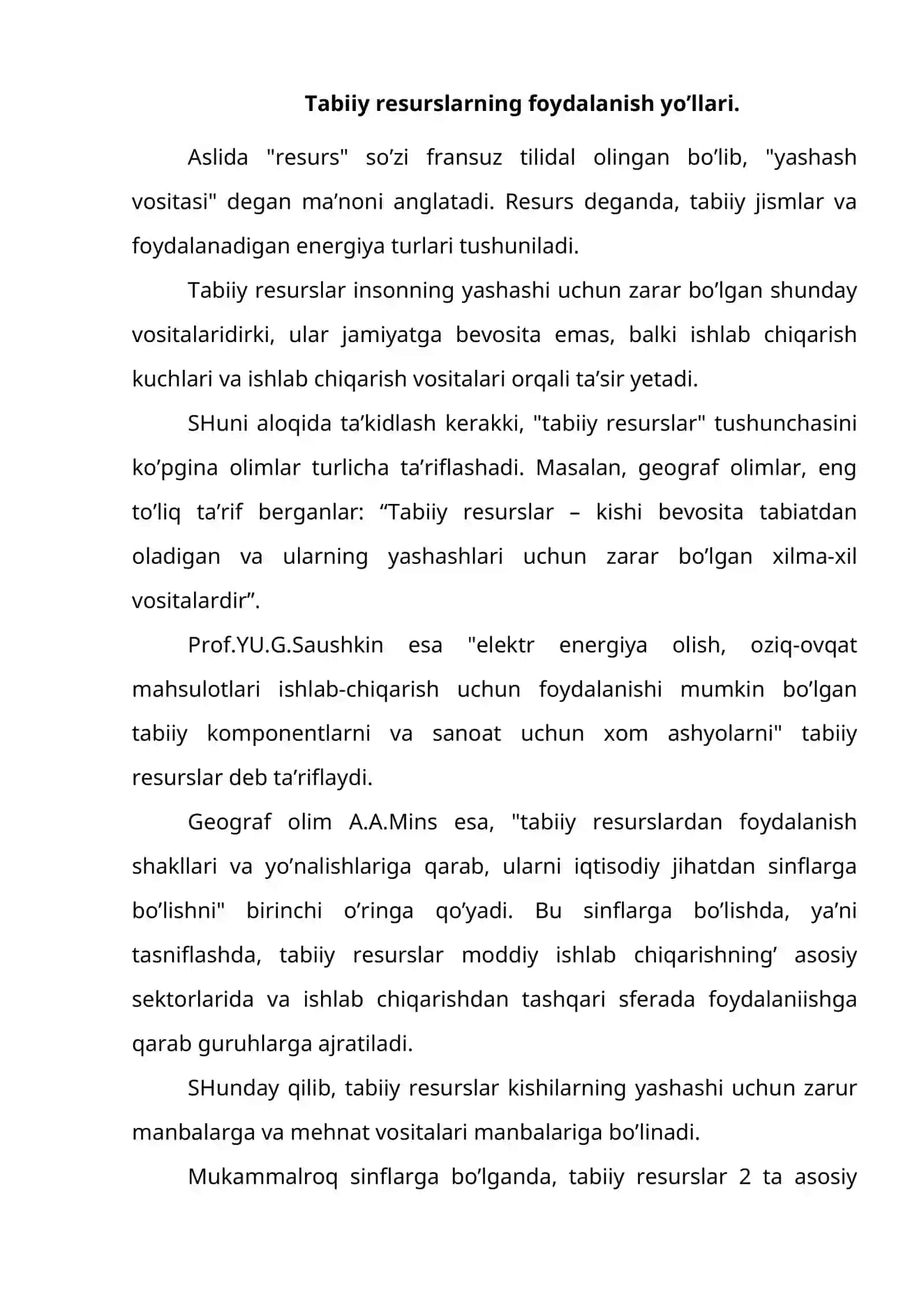 TABIIY RESURSLAR RASNIFI, NAZORAT TURLARI, TABIIY RESURSLARDAN FOYDALANISH 2