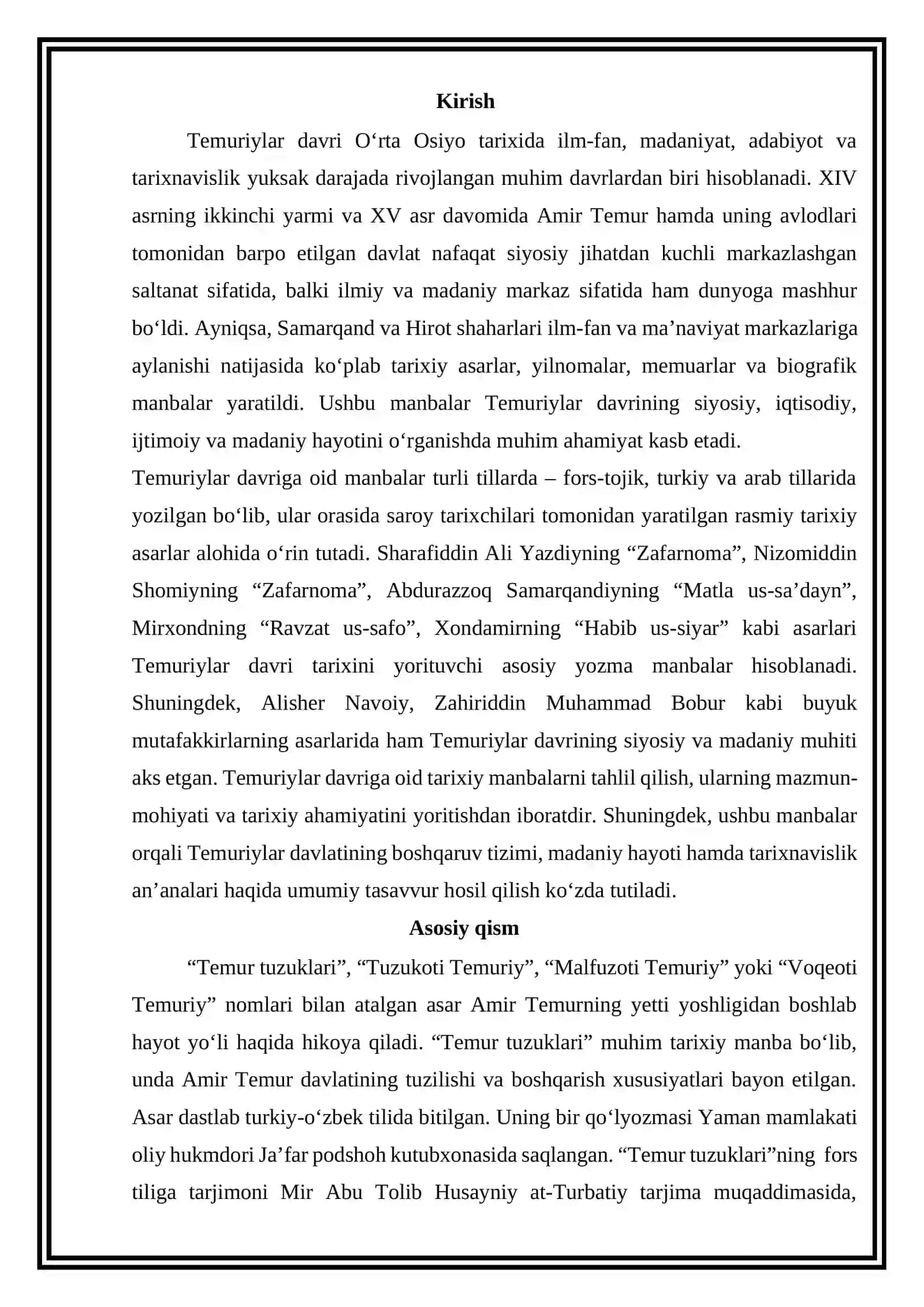 Temuriylar davri manbalari mavzusida referat tayyorlash 2