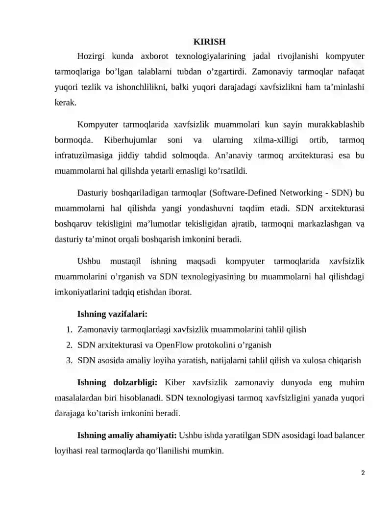 Kompyuter tarmoqlarida xavfsizlik muammolari va yechimlari. SDN (Dasturiy boshqariladigan tarmoqlar) arxitekturasi va qo’llanilishi 2