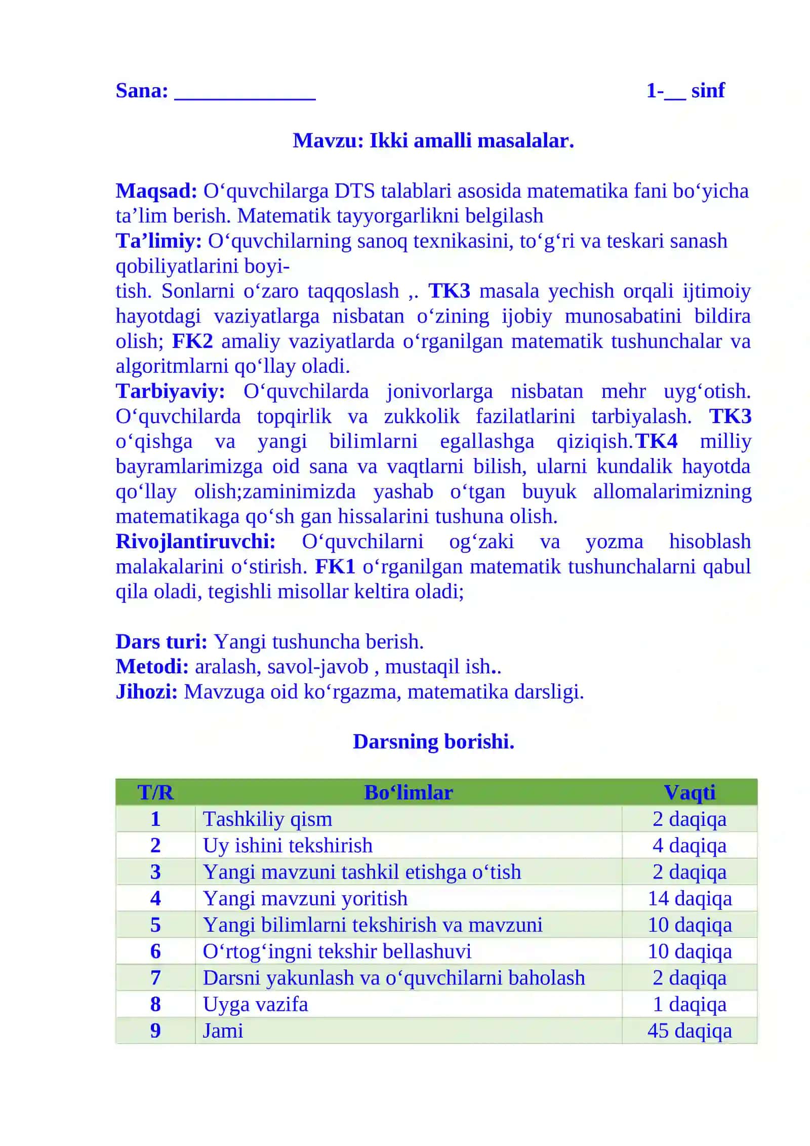 1-sinf matematika Ikki xonali amalli masalalar dars ishlanma 2