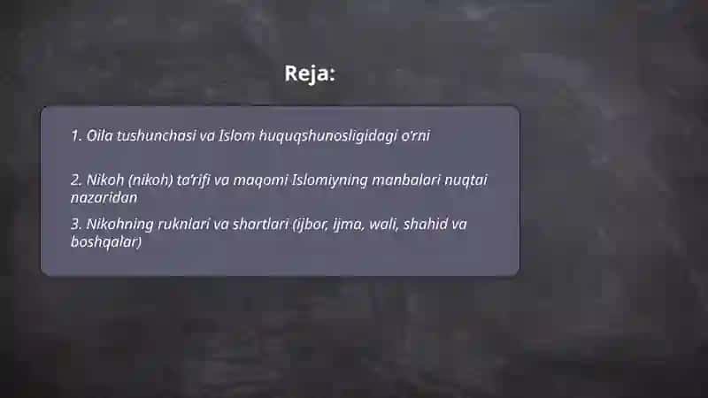 Islom huquqshunosligida oila,nikoh,taloq,idda,zihor tushunchalarini ta’riflash va taqdimot tayorlash 2