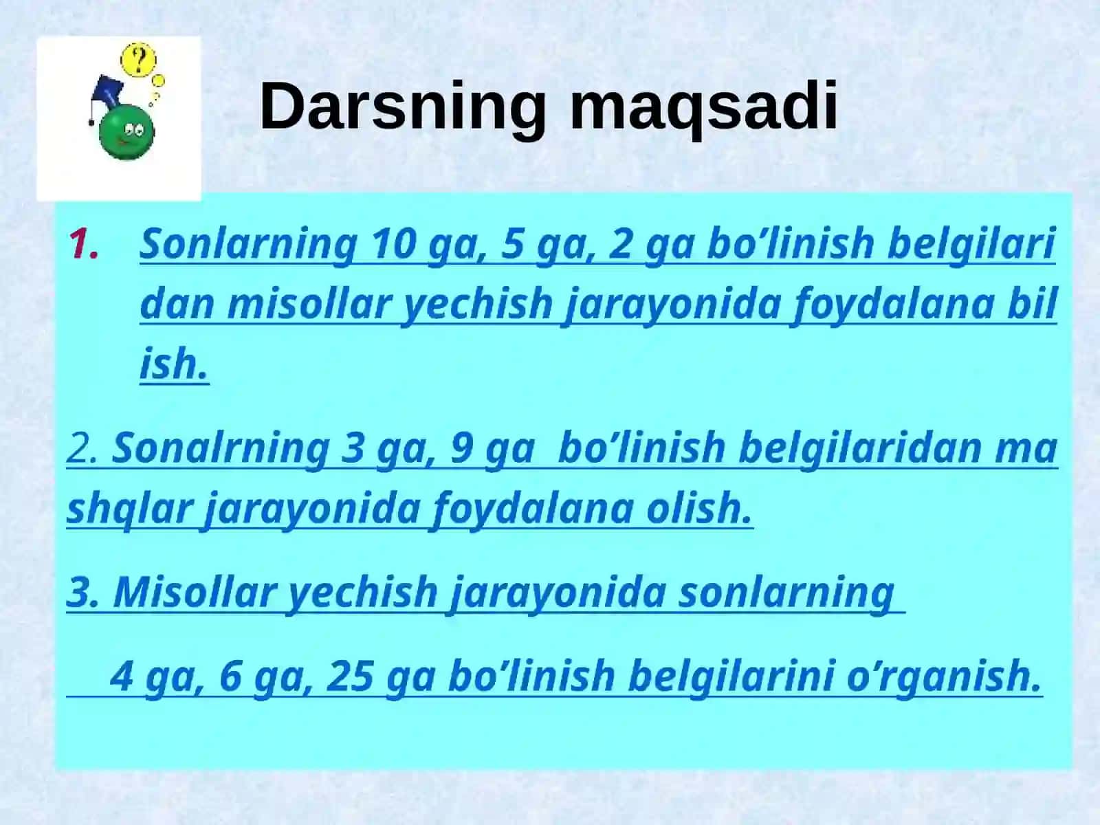 6 SINFLARDA MATEMATIKA FANIDAN”SONLARNING BESHGA BO’LINISHIGA DOIR MISOLLAR YECHISH” 2