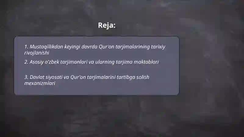 Mustaqillik yillarida Qur'onning oʻzbek tiliga tarjima qilinishi va tafsirlari haqida 2