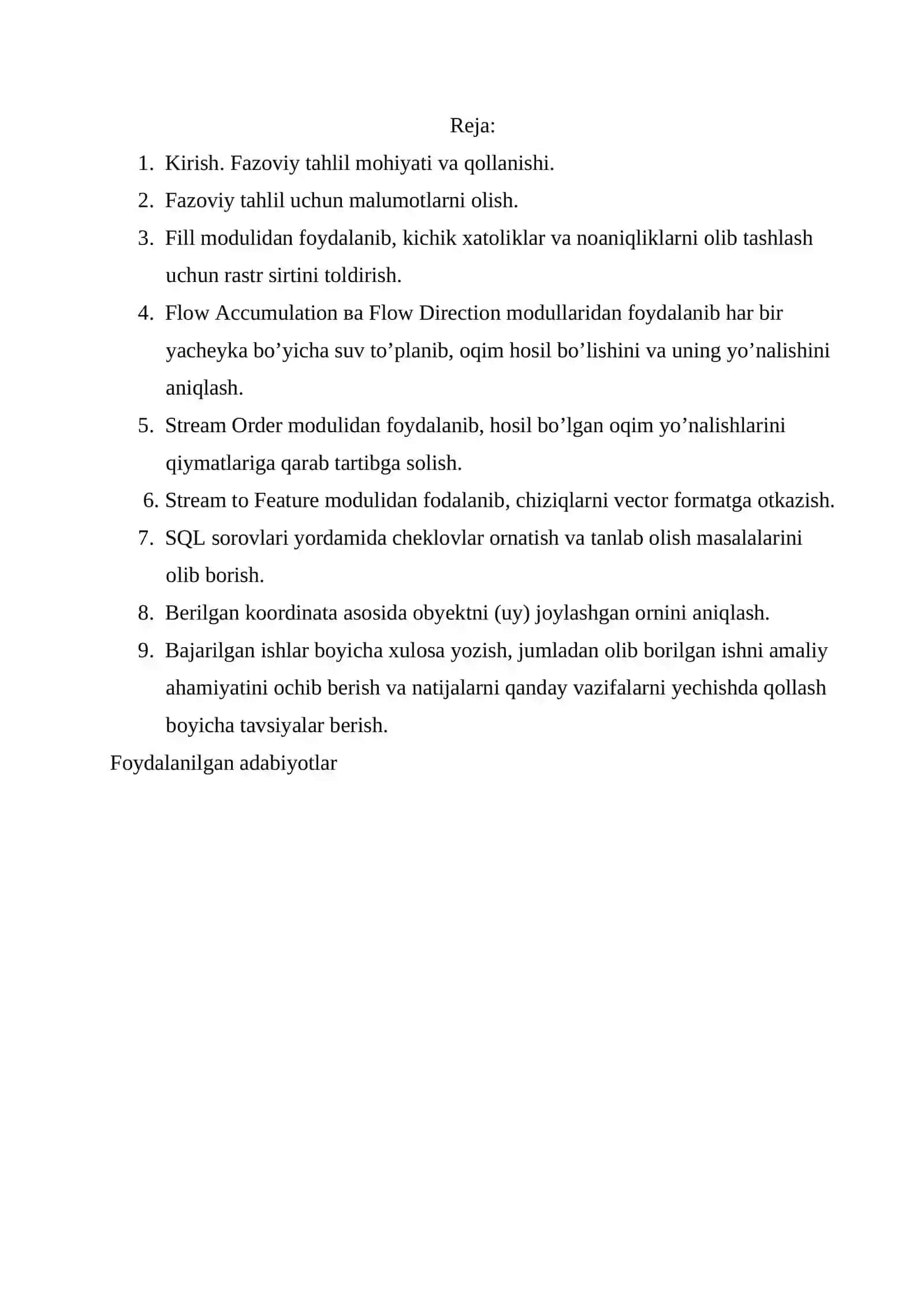 Relyefning raqamli modeli asosida suv oqimini modellashtirish va berilgan obyektga suv oqimi tasirini organish 2