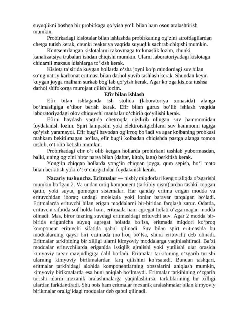 Laboratoriya ishi: Laboratoriya mashg‘ulotlari texnikasi bilan tanishtirish. Eritmalar klassifikatsiyasi va ularni tayyorlash 2