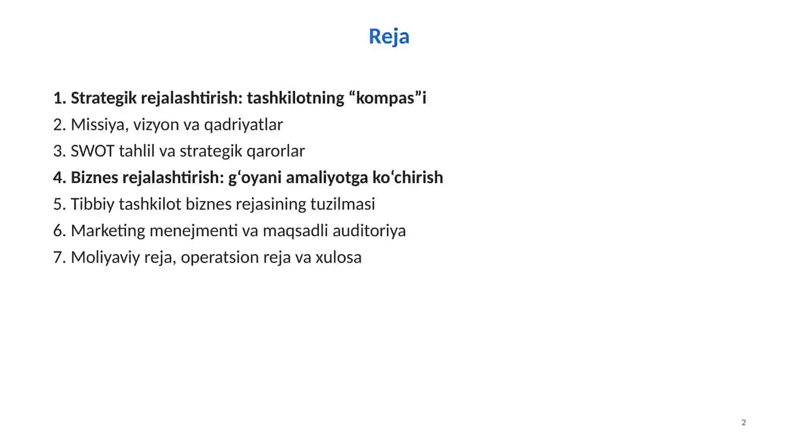 Strategik rejalashtirish, biznes reja va marketing menejmenti 2