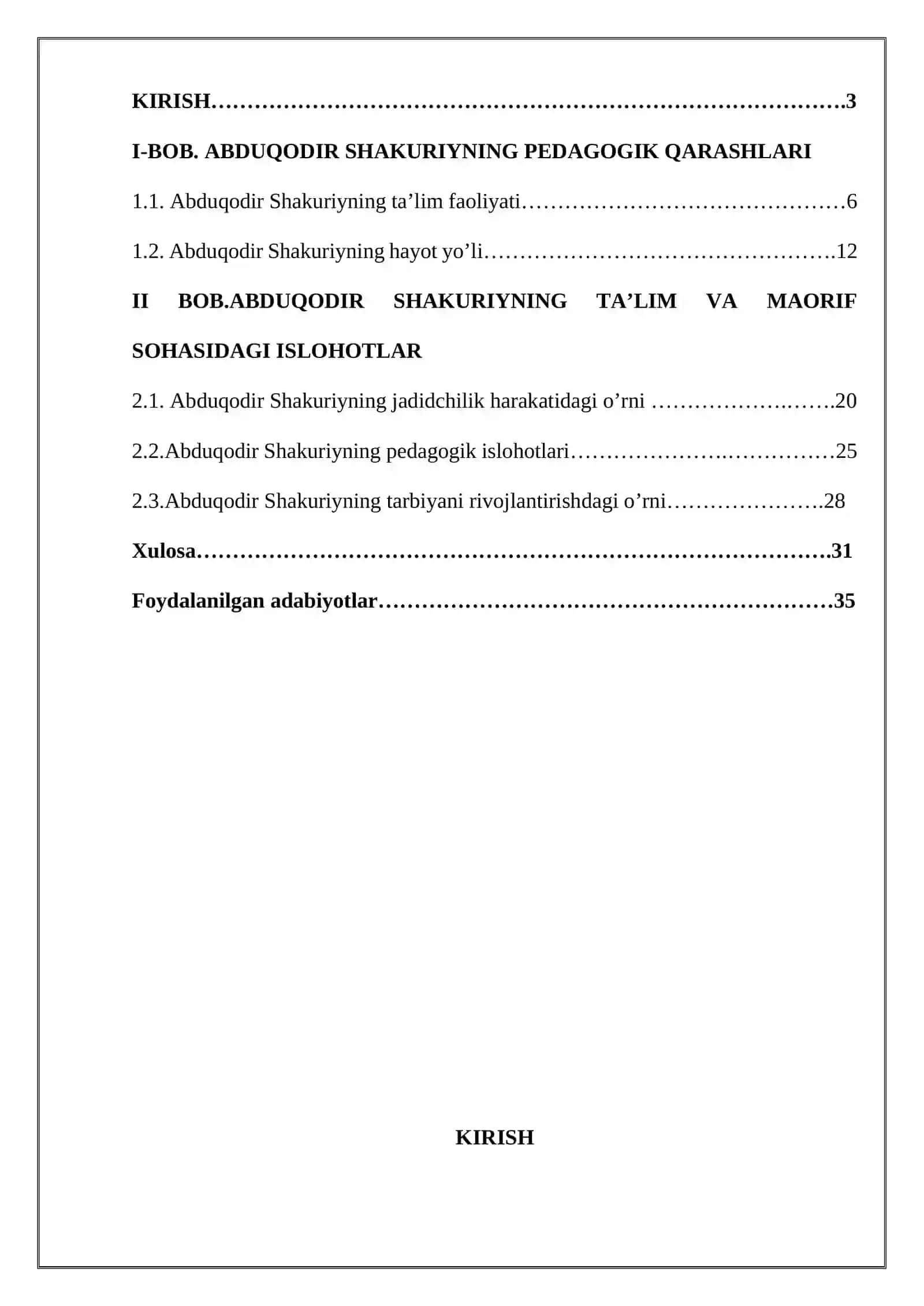 ABDUQODIR SHAKURIYNING TA’LIM TARBIYANI RIVOJLANTIRISHDA TUTGAN O‘RNI KURS ISHI 2