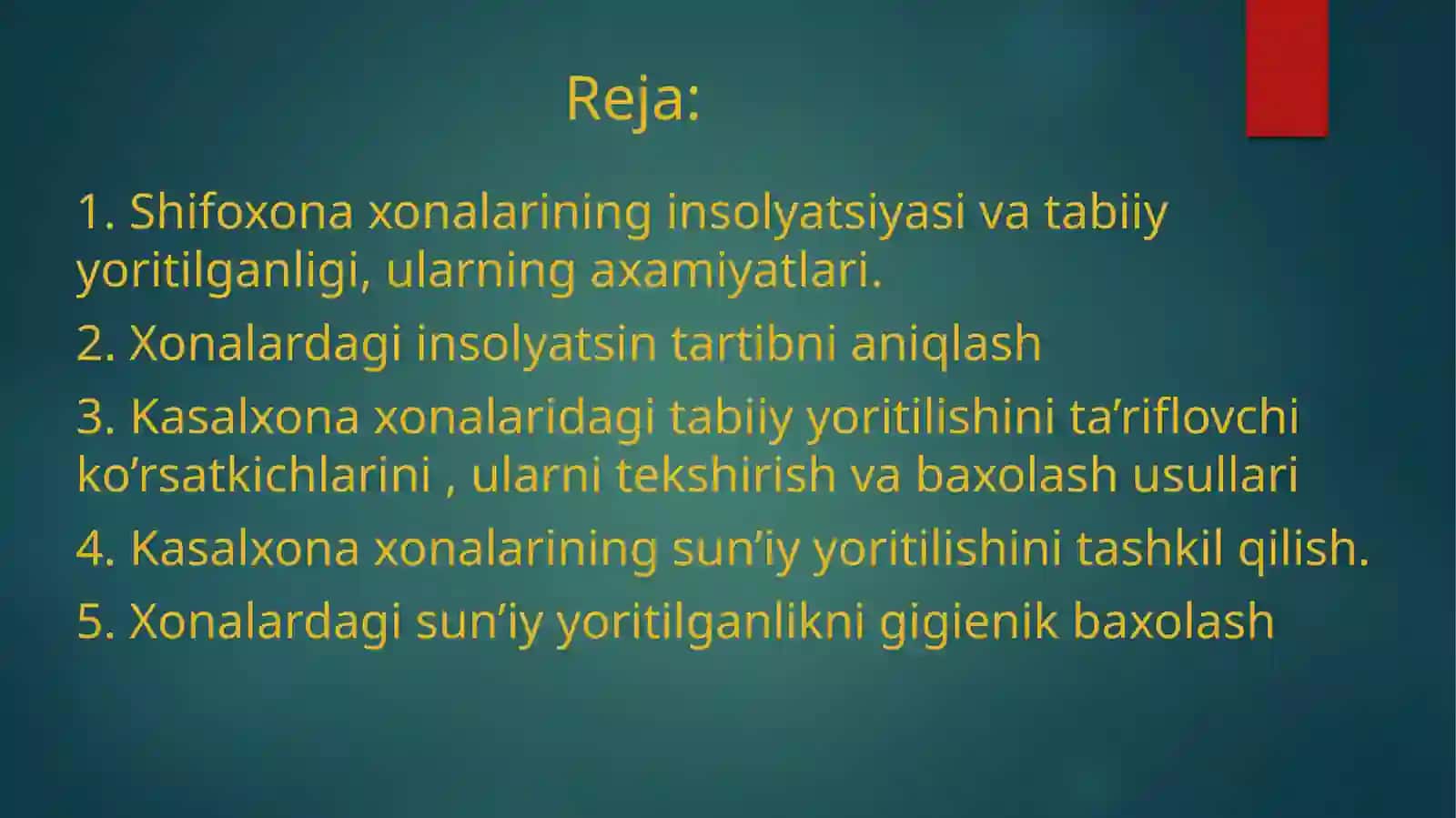 Kasalxonalarning insolyatsiyasi va yoritilish ko'rsatkichlari 2