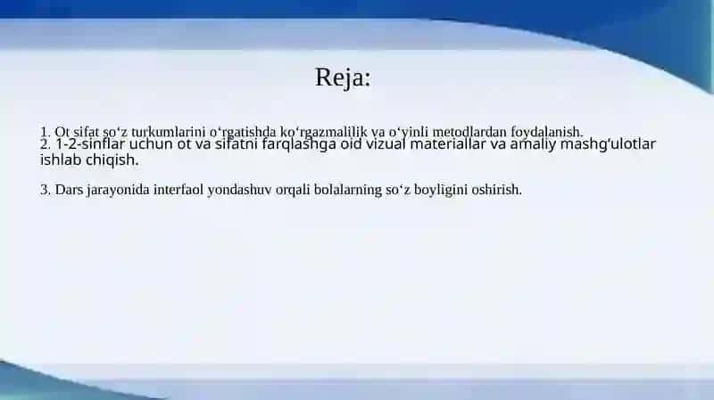 Otsifatsoʻzturkumlarinioʻrganishdarslariyuzasidan1-2-sinflaruchunmetodiktavsiyalarishlabchiqish 2