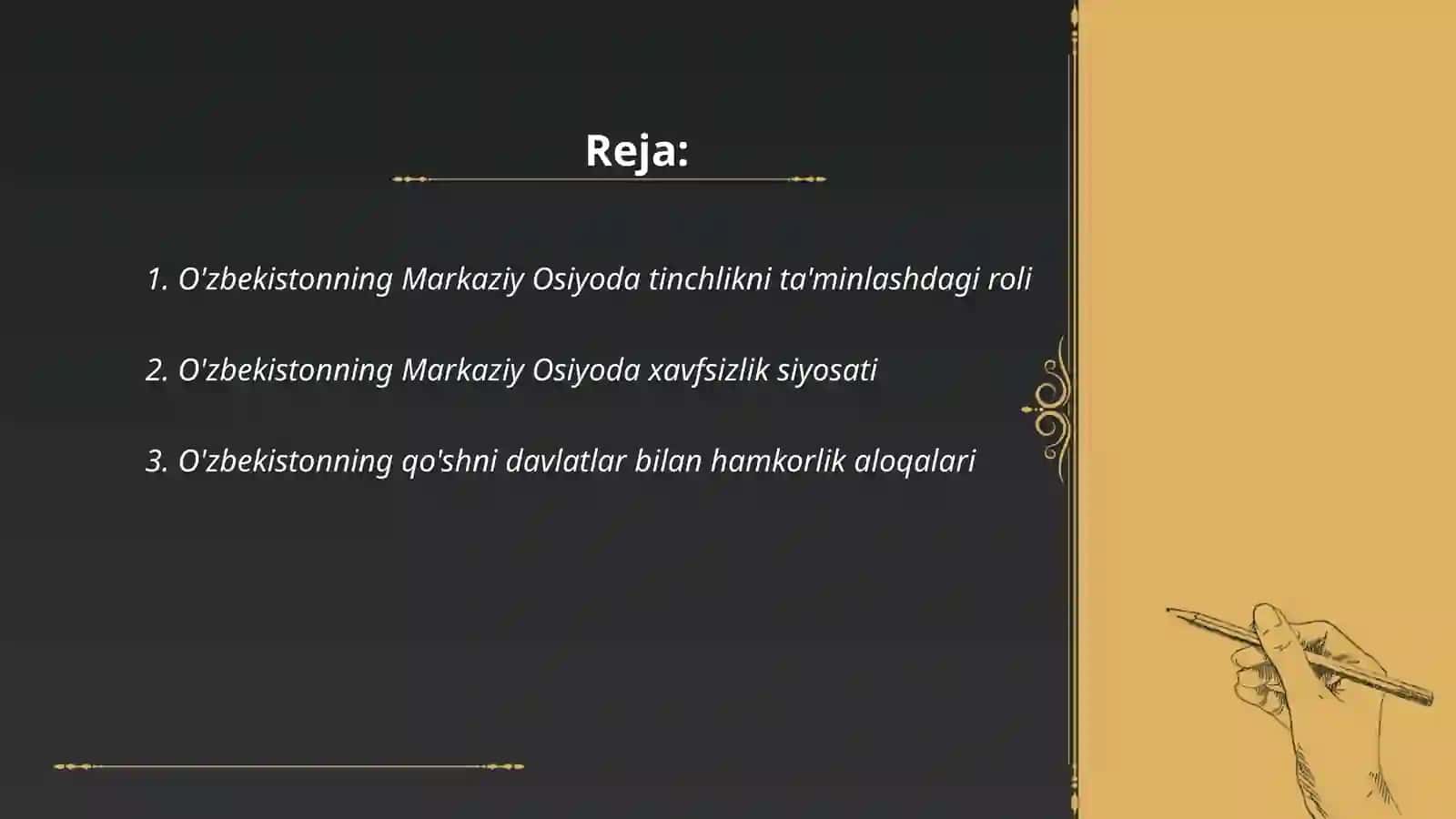 O'zbekistonning Markaziy Osiyoda tinchlik va barqarorlikini ta'minlashdagi o'rni 2