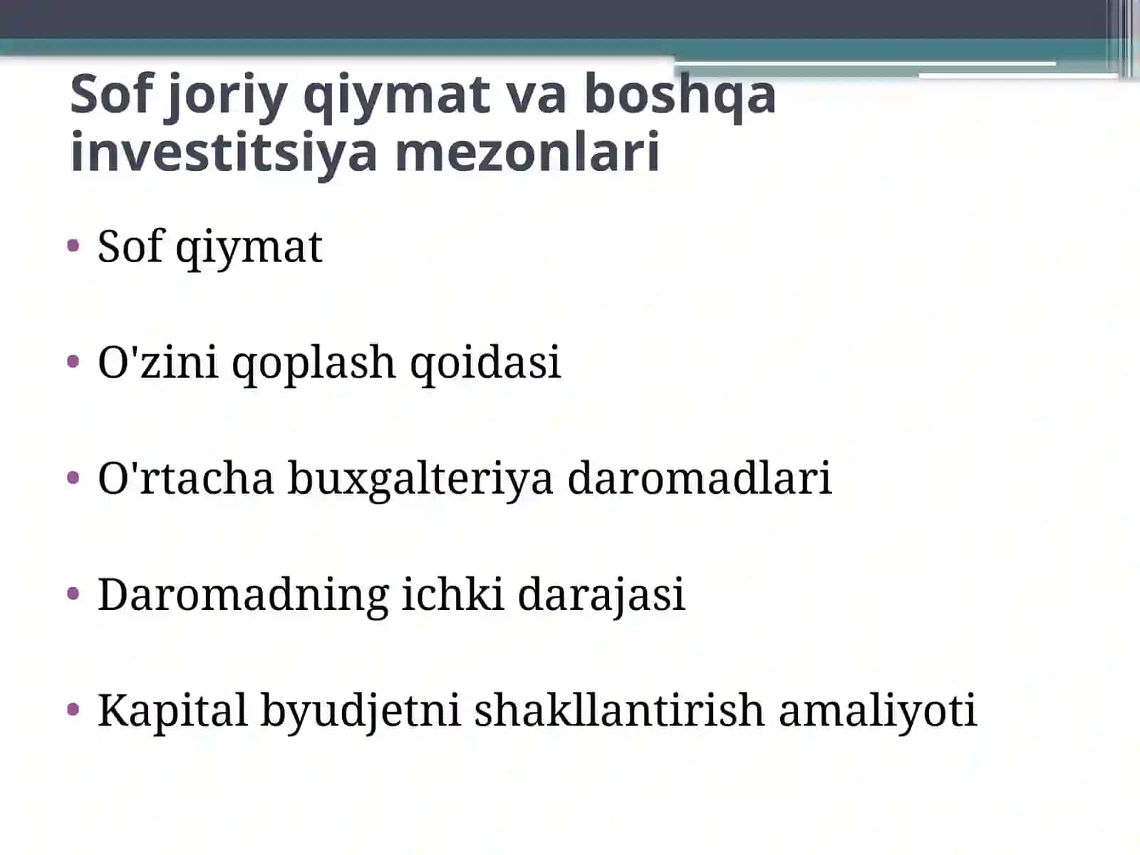 Sof joriy qiymat va boshqa investitsiya mezonlari 2