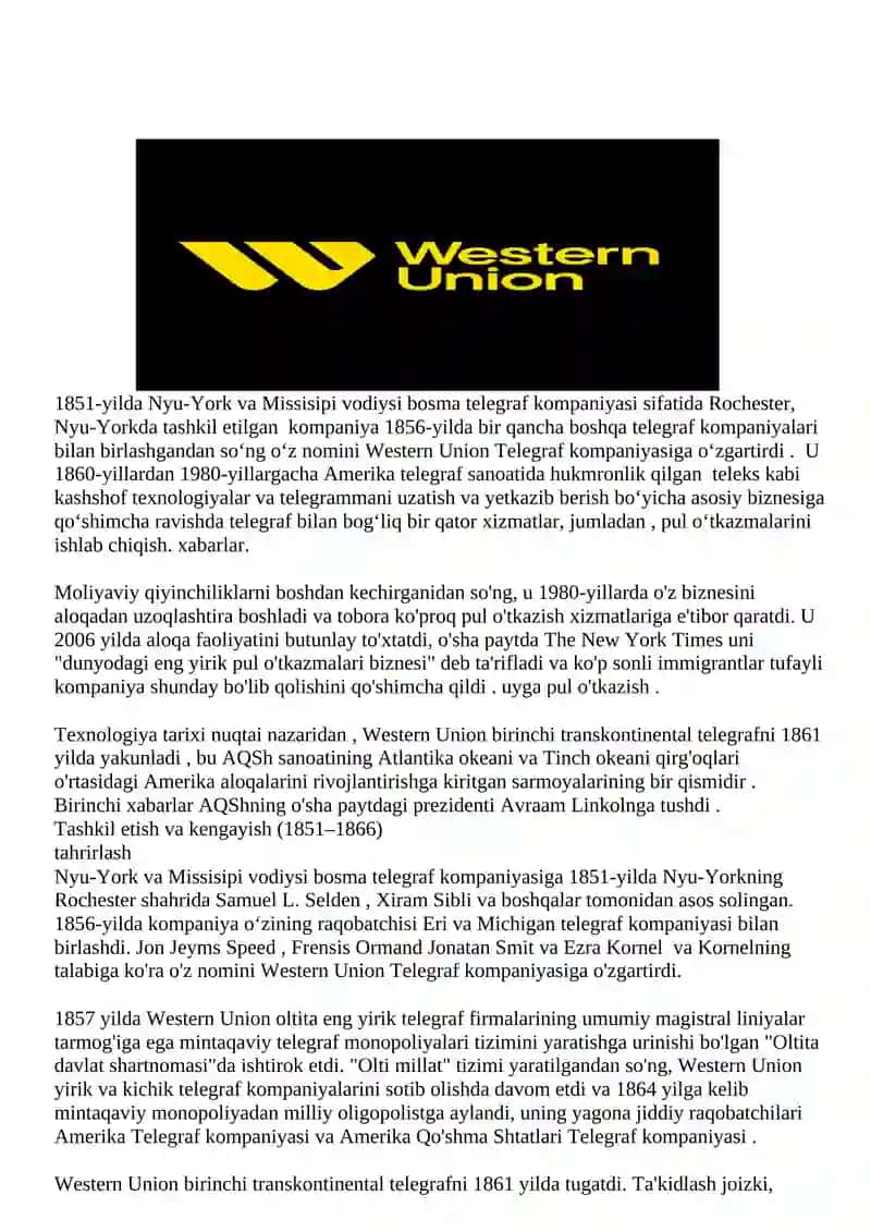 Western Union naqd to’lovlarini amalga oshirish electron to’lov tizimi 2