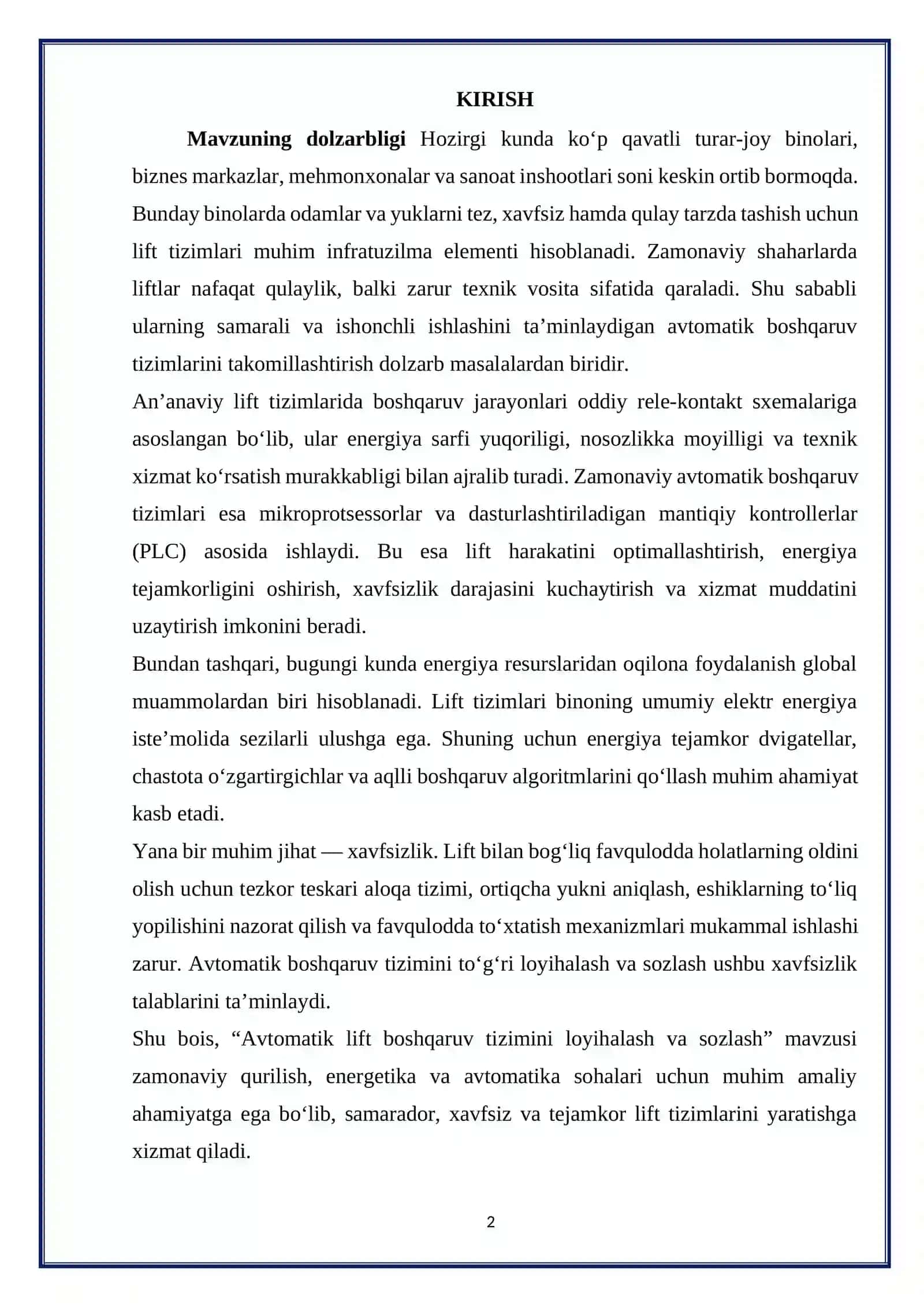AVTOMATIK LIFT BOSHQARUV TIZIMINI LOYIHALASH VA SOZLASH 2