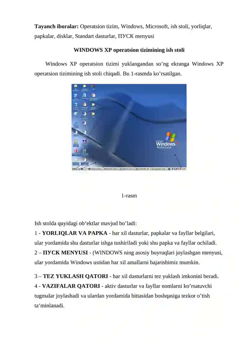 Windows operatsion tizimining ishchi stoli va uning menyulari 2